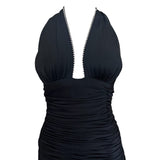 Loris Azzaro 1970's Black Drop Waist Jersey Halter Gown with Rhinestone Bow Decoration, top