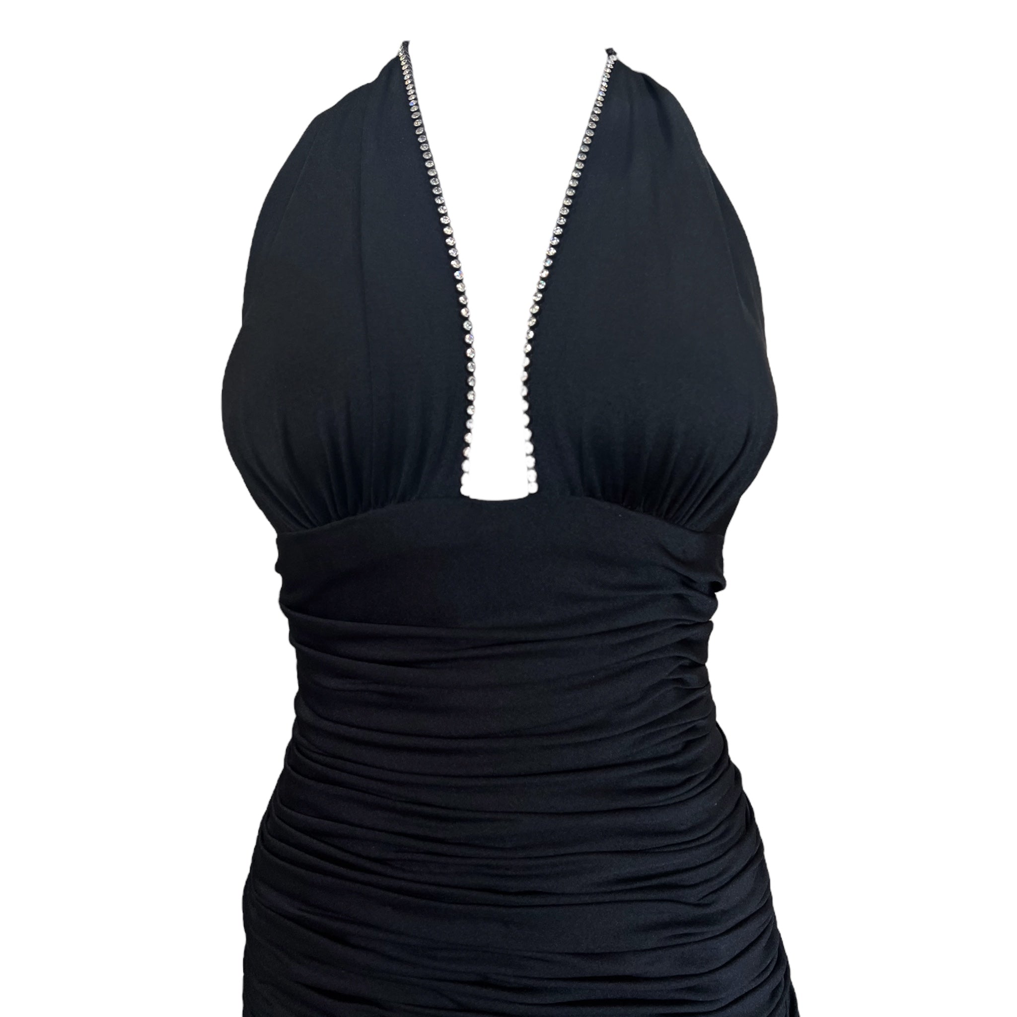 Loris Azzaro 1970's Black Drop Waist Jersey Halter Gown with Rhinestone Bow Decoration, top