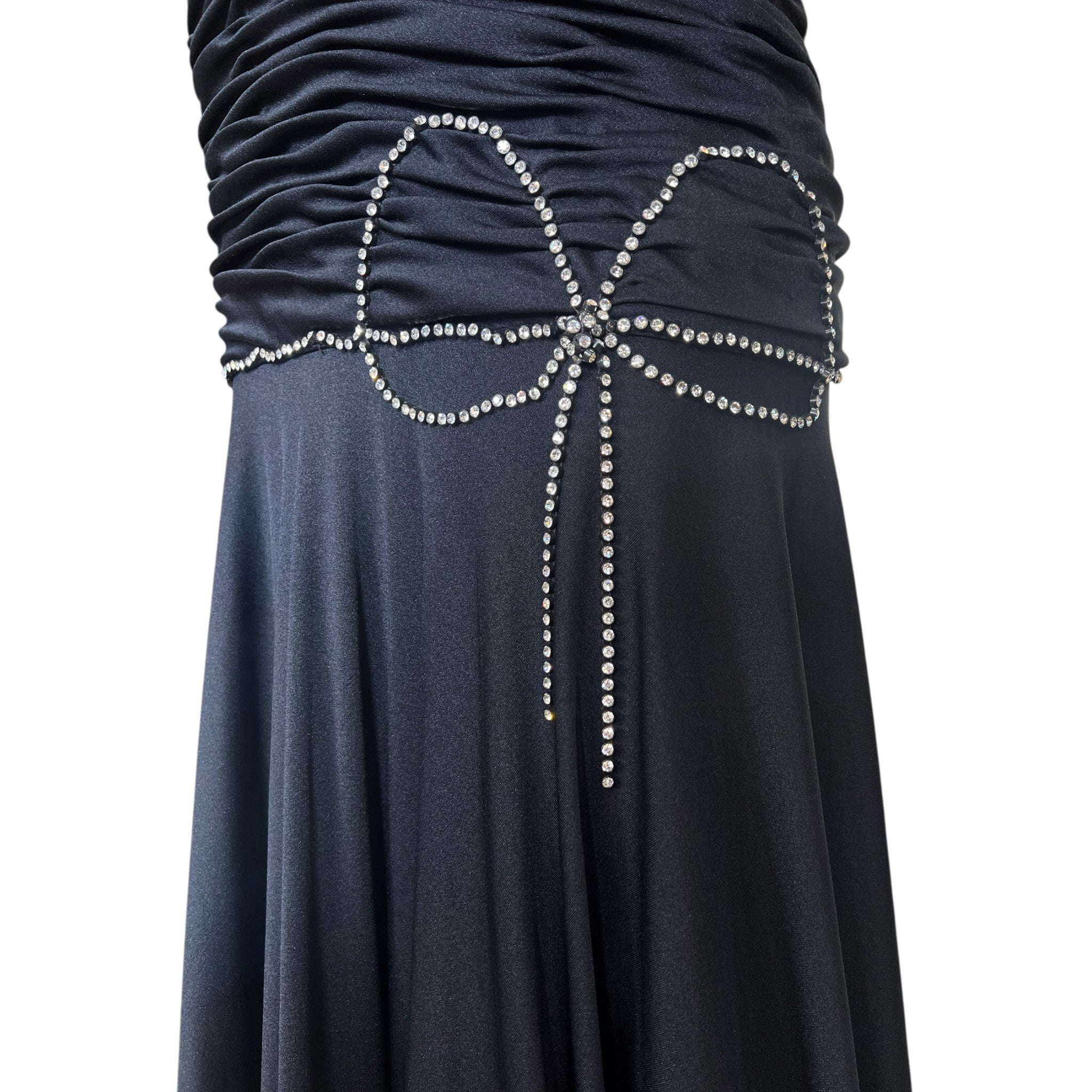 Loris Azzaro 1970's Black Drop Waist Jersey Halter Gown with Rhinestone Bow Decoration, detail