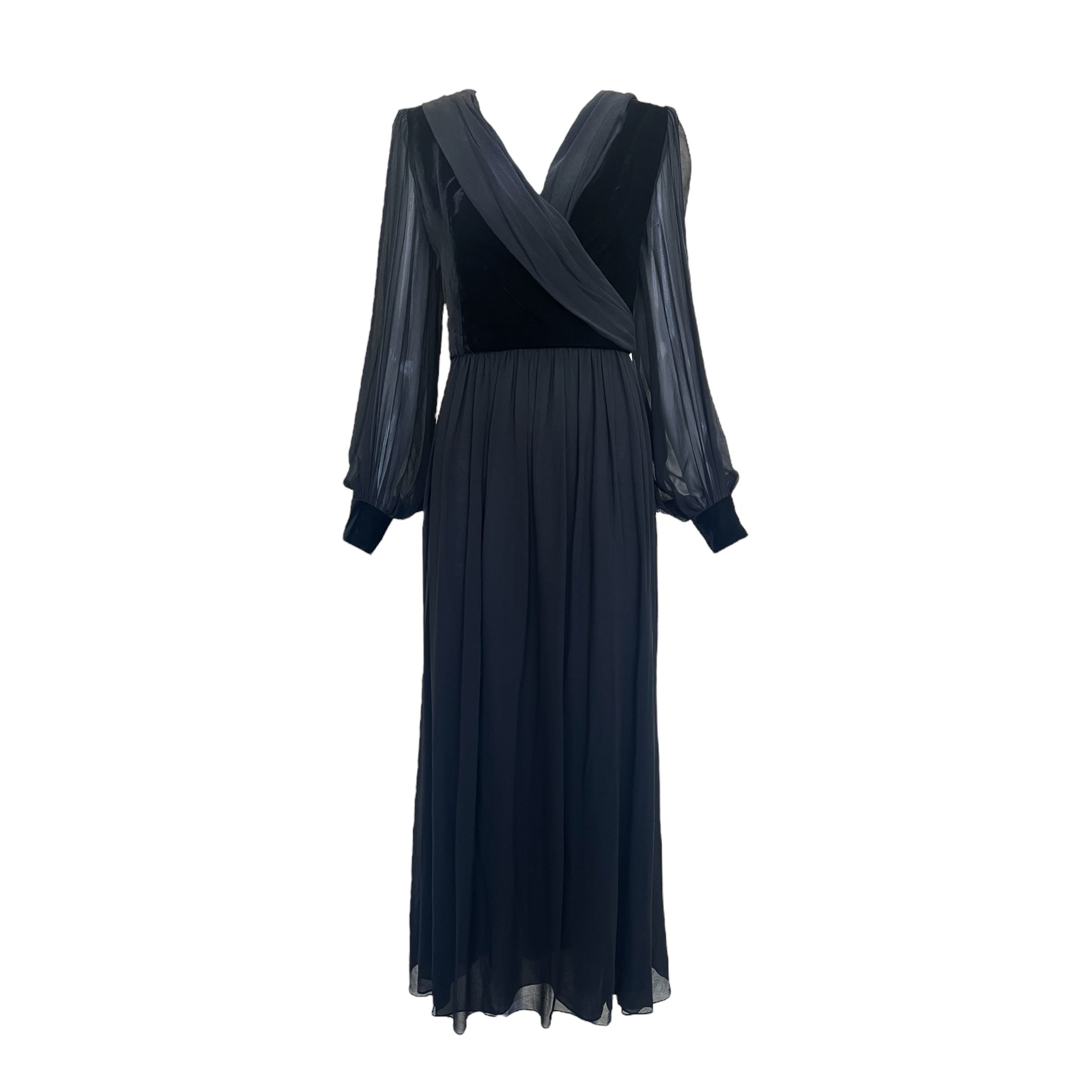 Givenchy Couture 1980's Black Chiffon and Velvet Wrap Bodice Gown