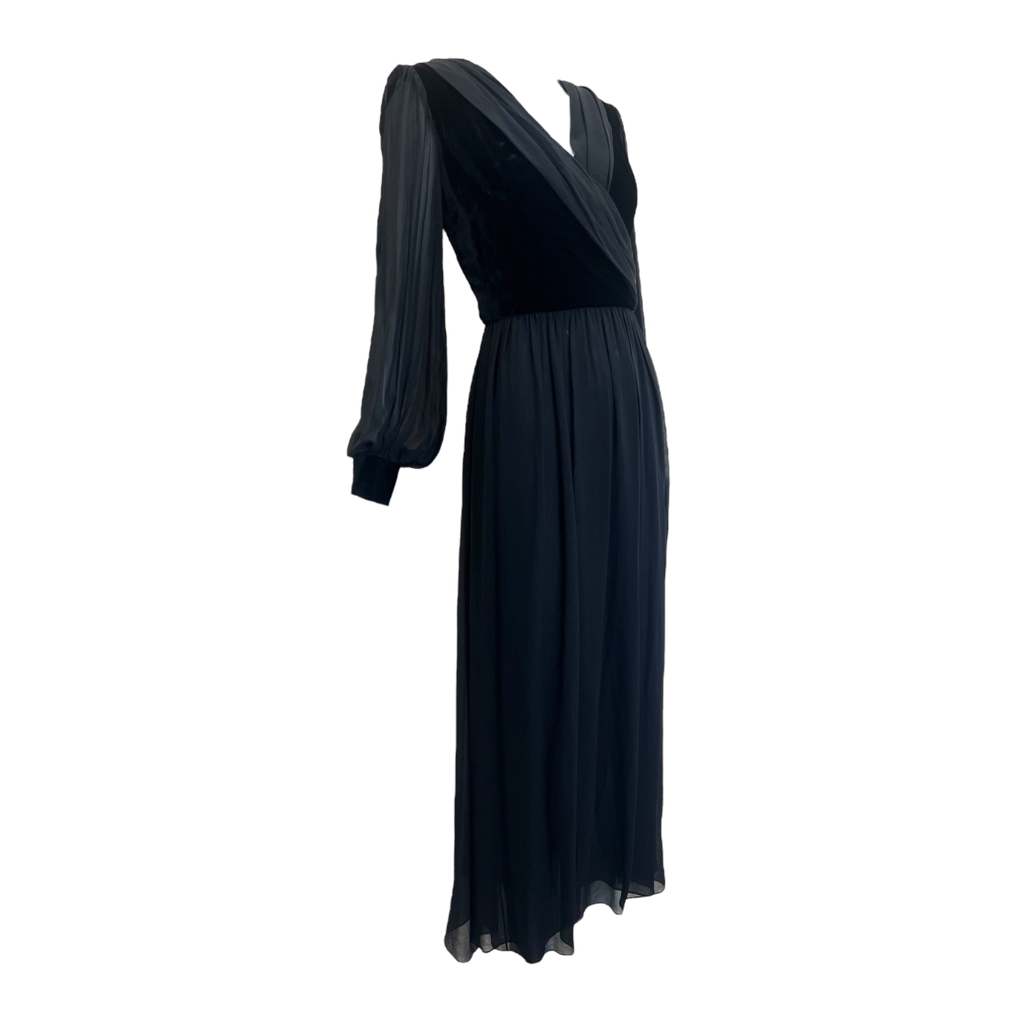 Givenchy Couture 1980's Black Chiffon and Velvet Wrap Bodice Gown, side