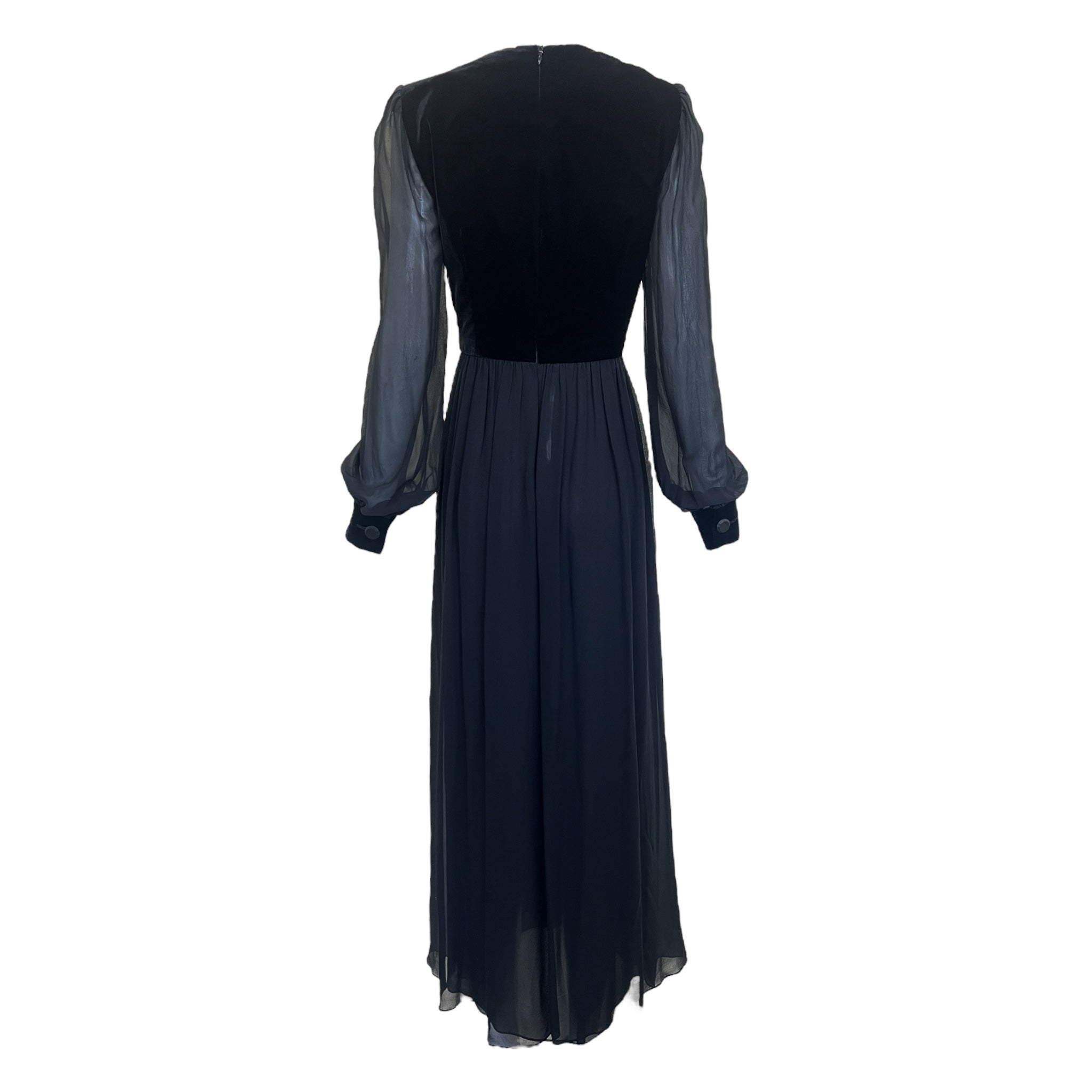 Givenchy Couture 1980's Black Chiffon and Velvet Wrap Bodice Gown, back