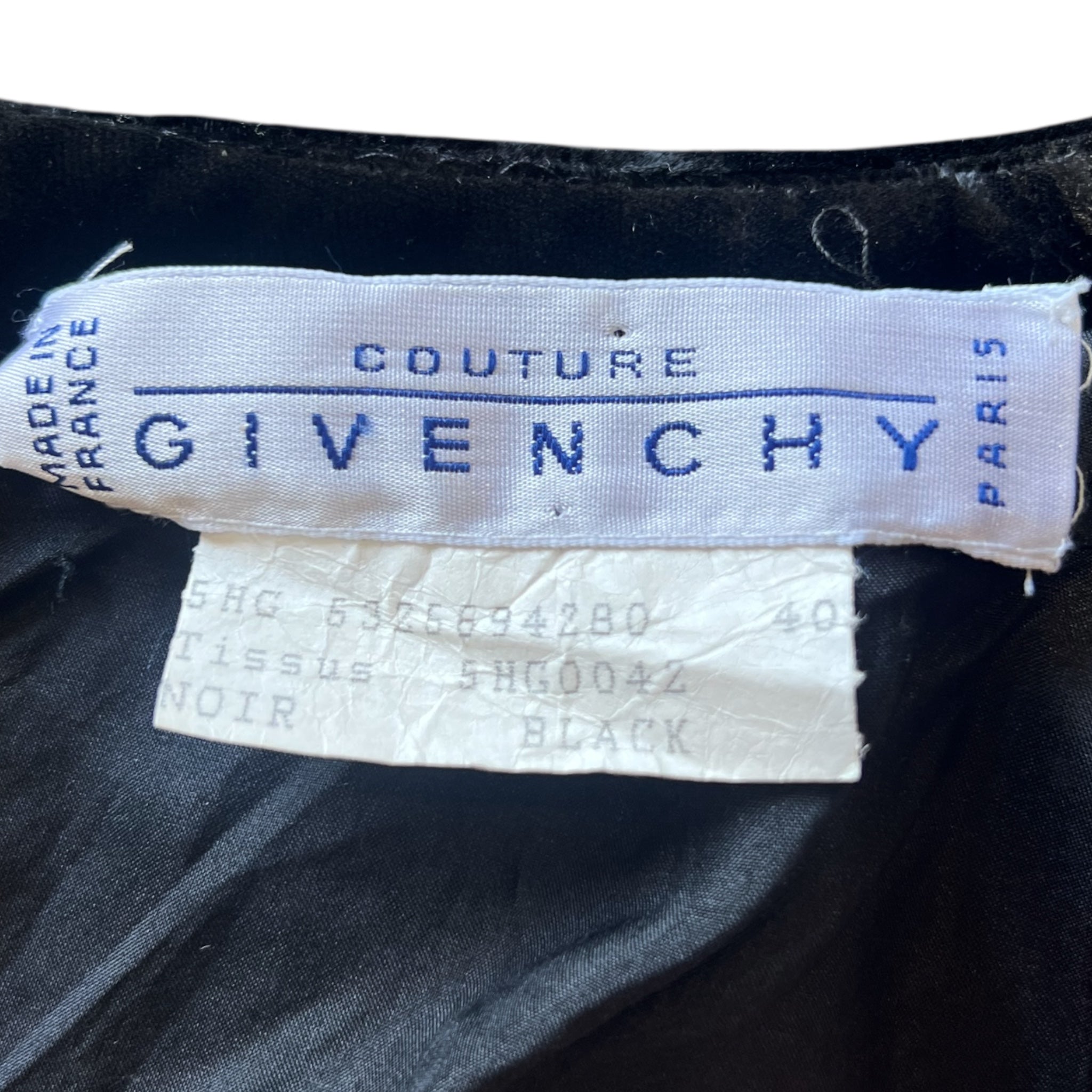 Givenchy Couture 1980's Black Chiffon and Velvet Wrap Bodice Gown, label