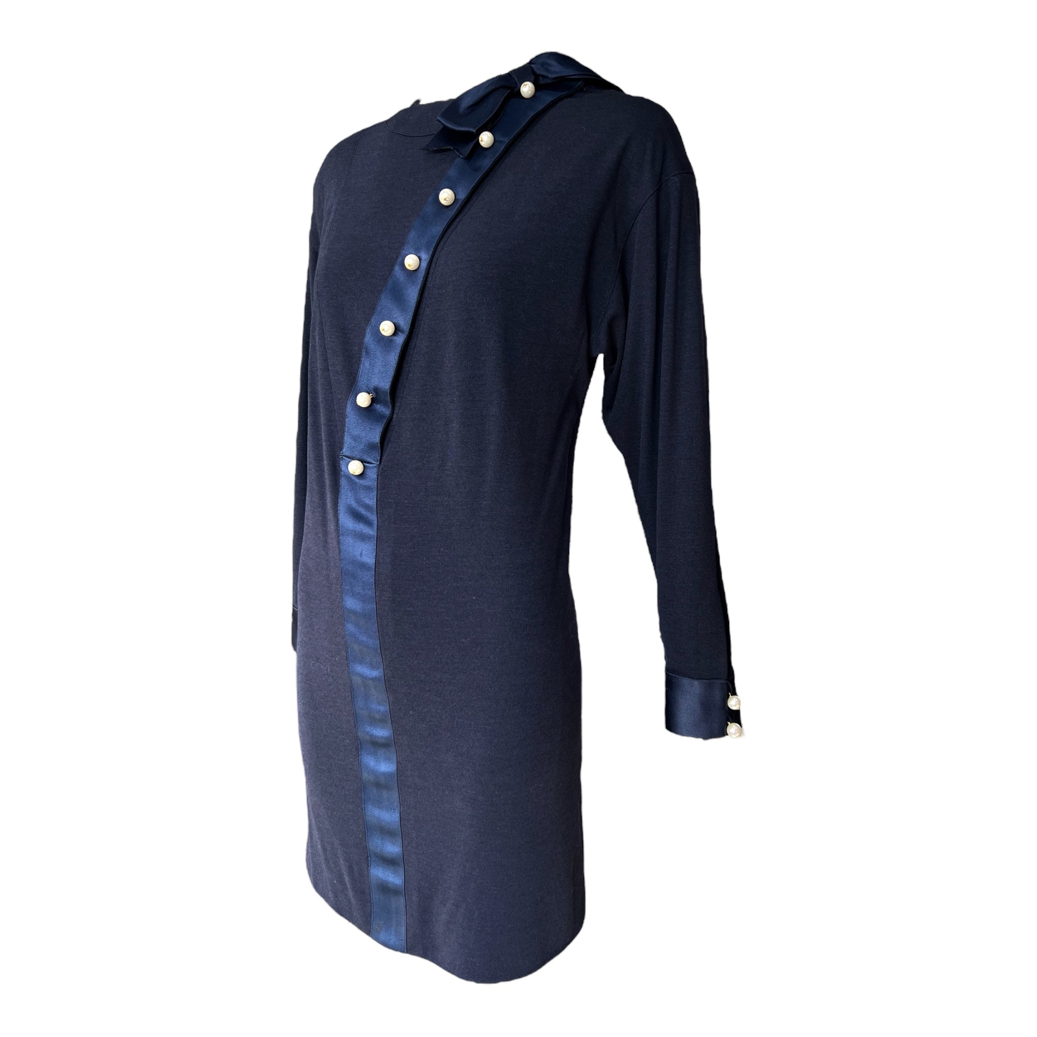 Chanel 1983/1984 Navy Wool Dress with Pearl Buttons, side 2