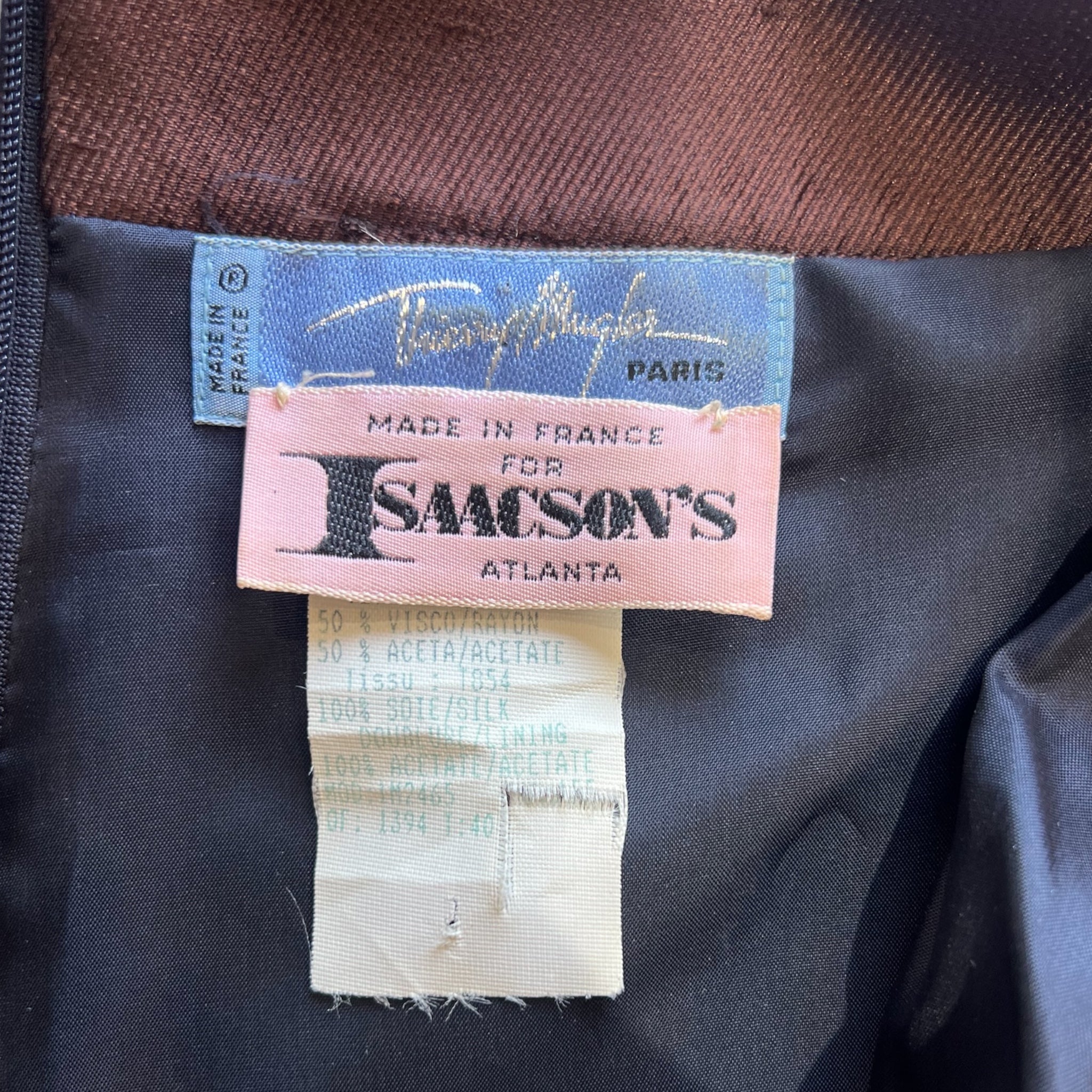 Thierry Mugler 1980's Sculptural Navy and Brown Mini Dress, label