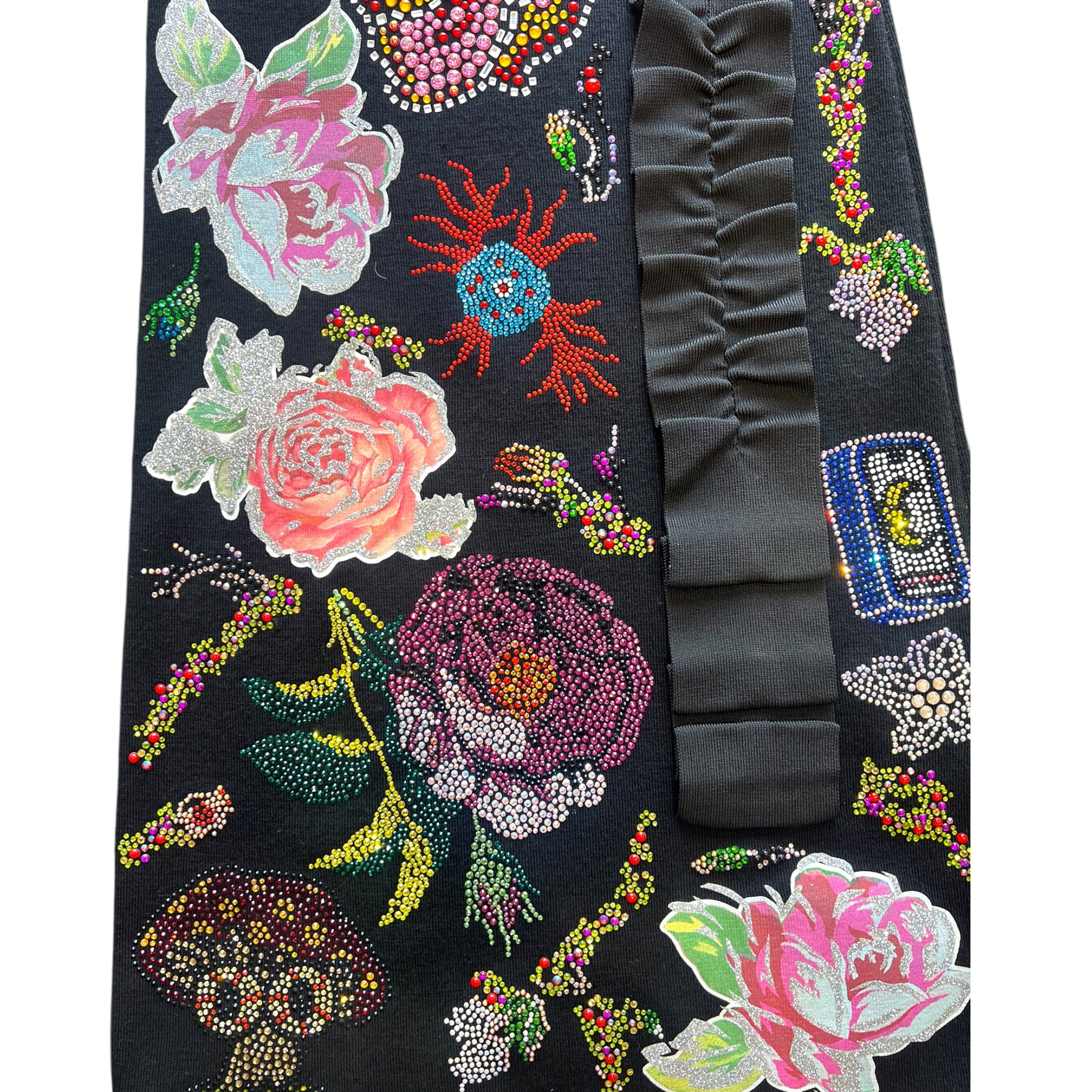 Libertine F/W 2017 Heavily Embellished Rose Print Black Wool Dress, NWT, detail