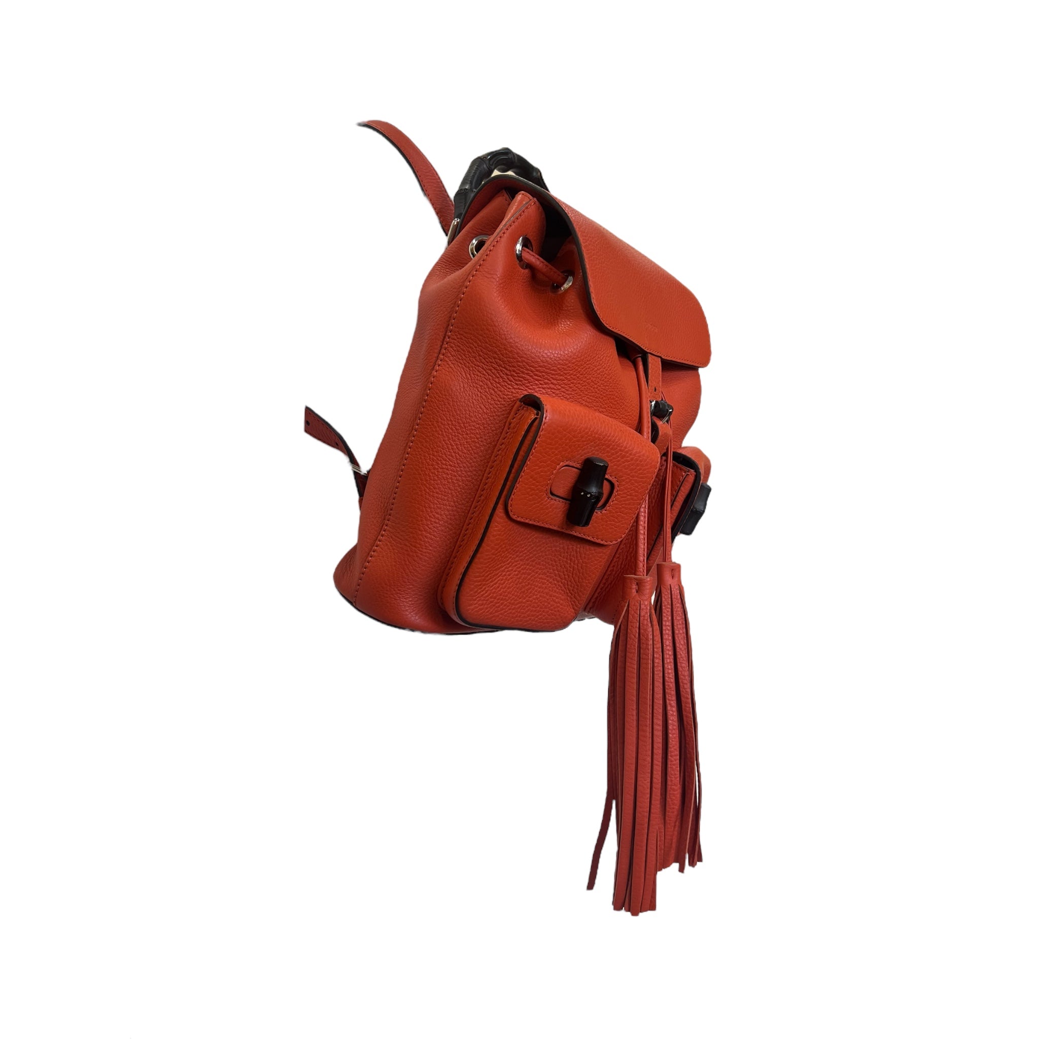 Gucci Orange Leather Backpack with Bamboo Handle and Fringe Tassels, side