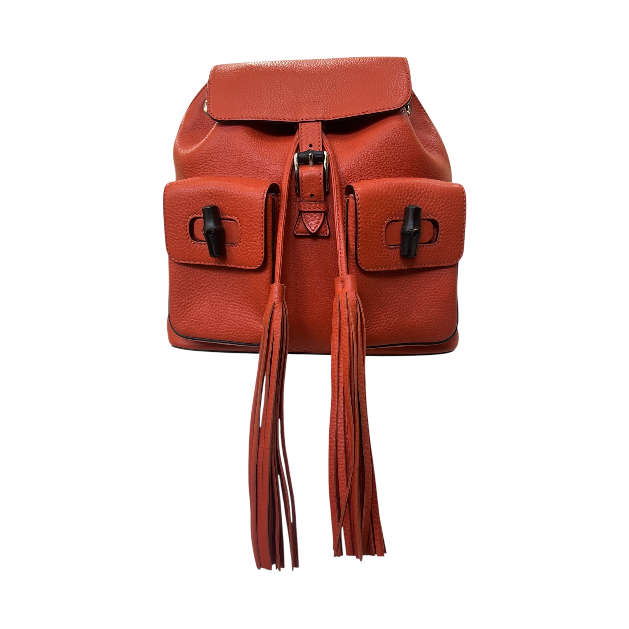 Gucci Orange Leather Backpack with Bamboo Handle and Fringe Tassels 2