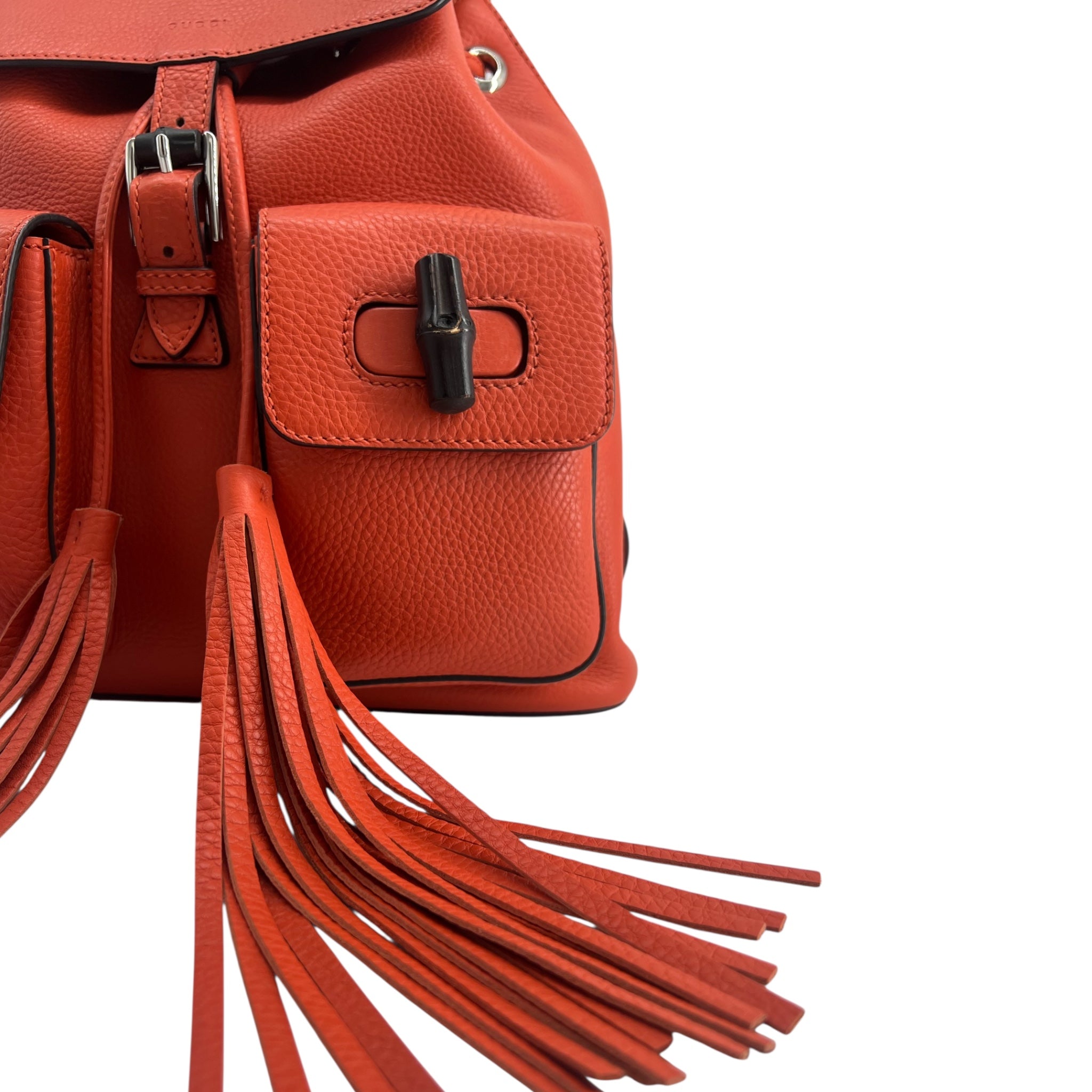 Gucci Orange Leather Backpack with Bamboo Handle and Fringe Tassels, left pocket