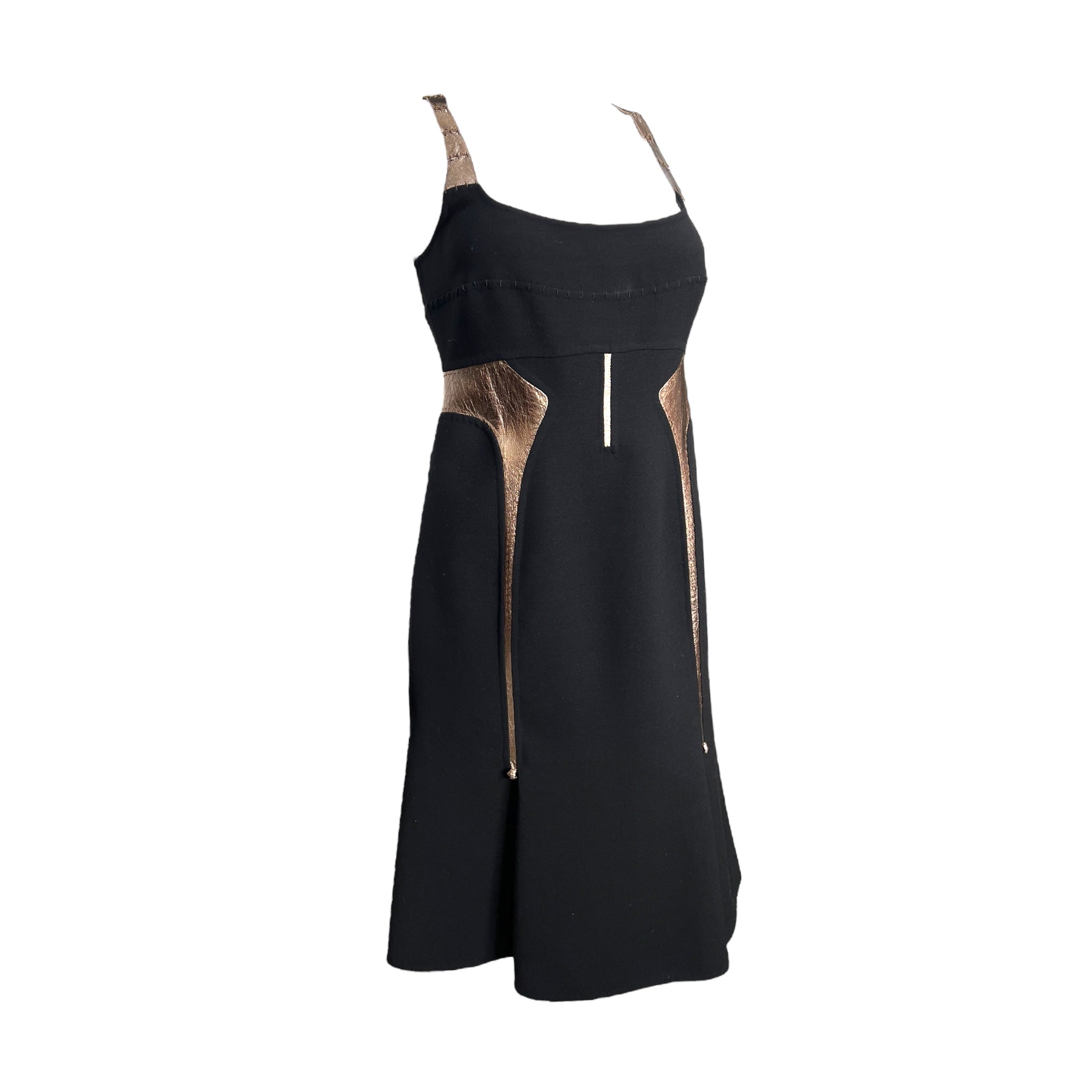 Chado Ralph Rucci Black Wool Dress with Bronzed Leather Detail, side