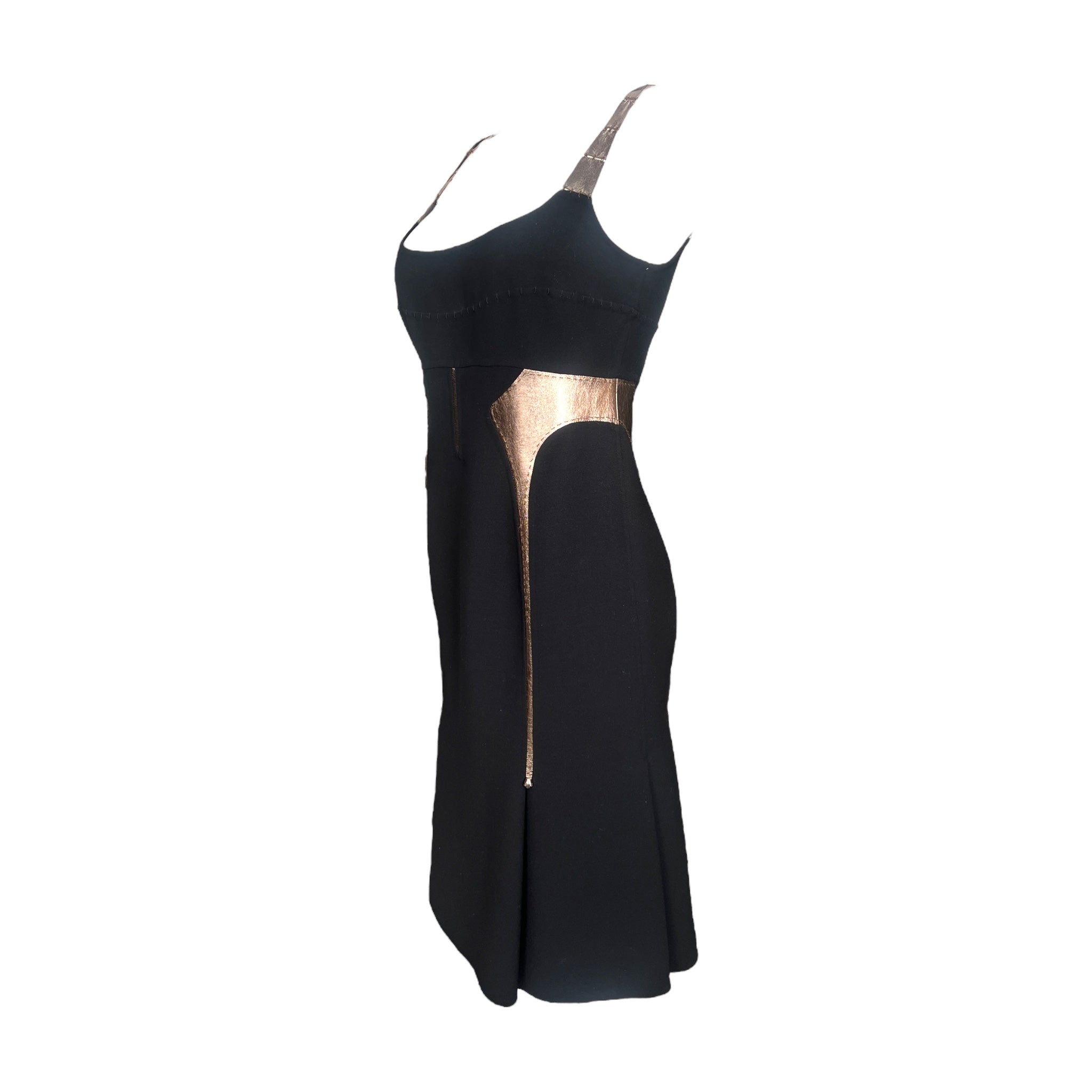 Chado Ralph Rucci Black Wool Dress with Bronzed Leather Detail, side 2
