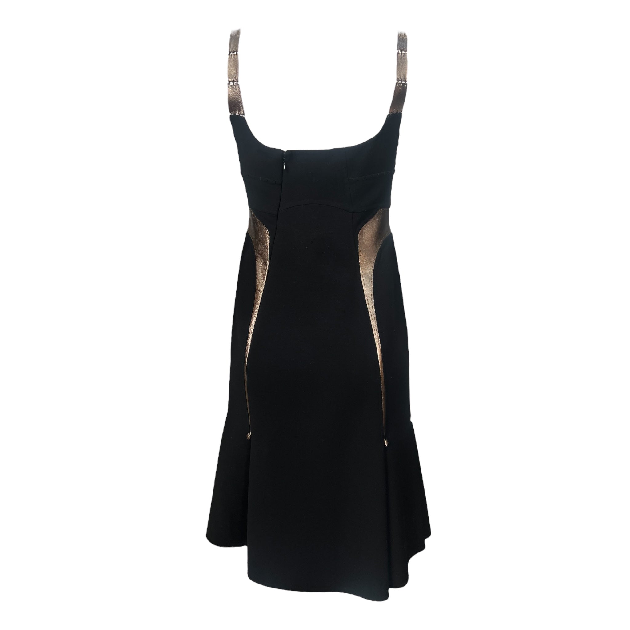 Chado Ralph Rucci Black Wool Dress with Bronzed Leather Detail, back