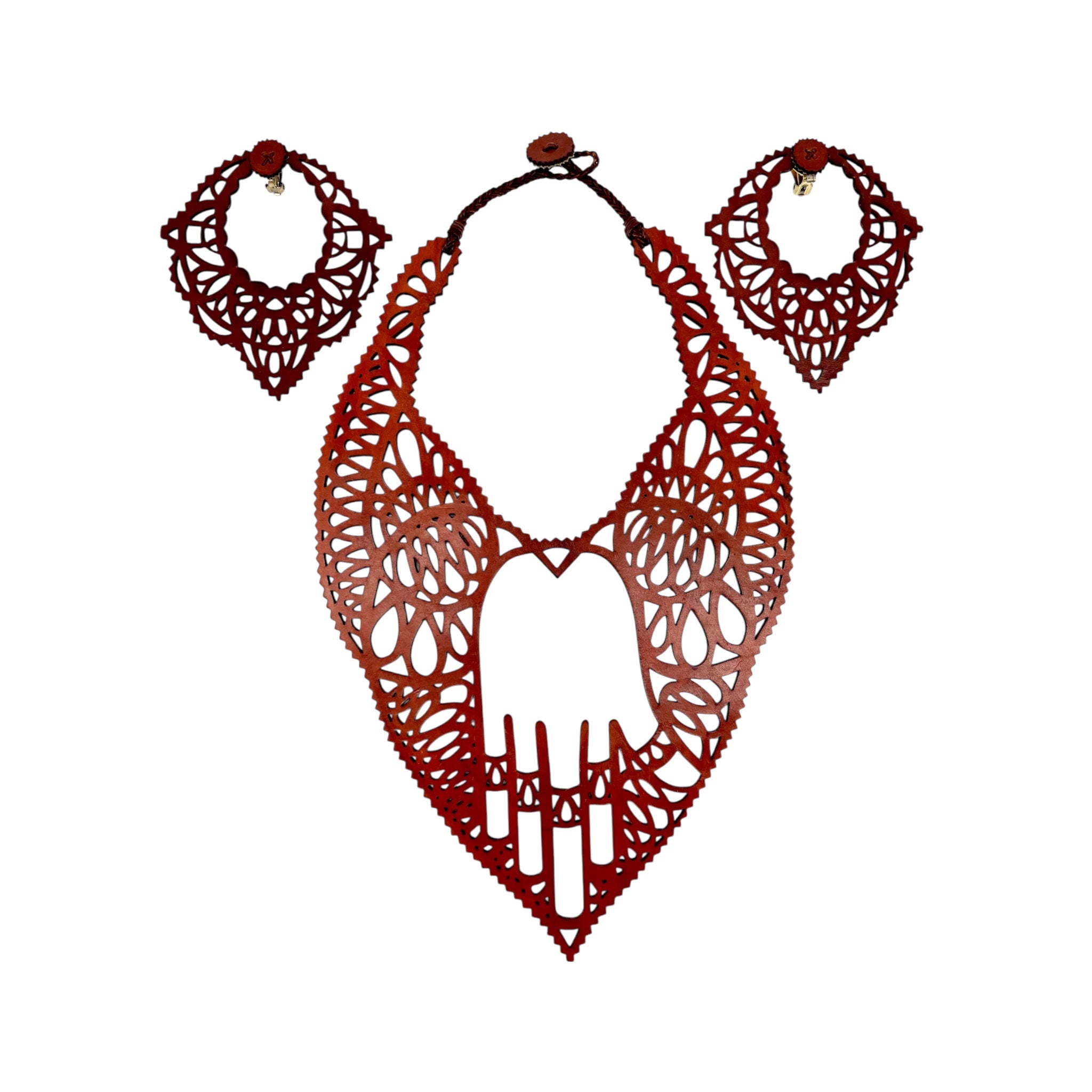 Jean Paul Gaultier Laser-Cut Leather Hamsa Hand Bib Necklace and Earrings