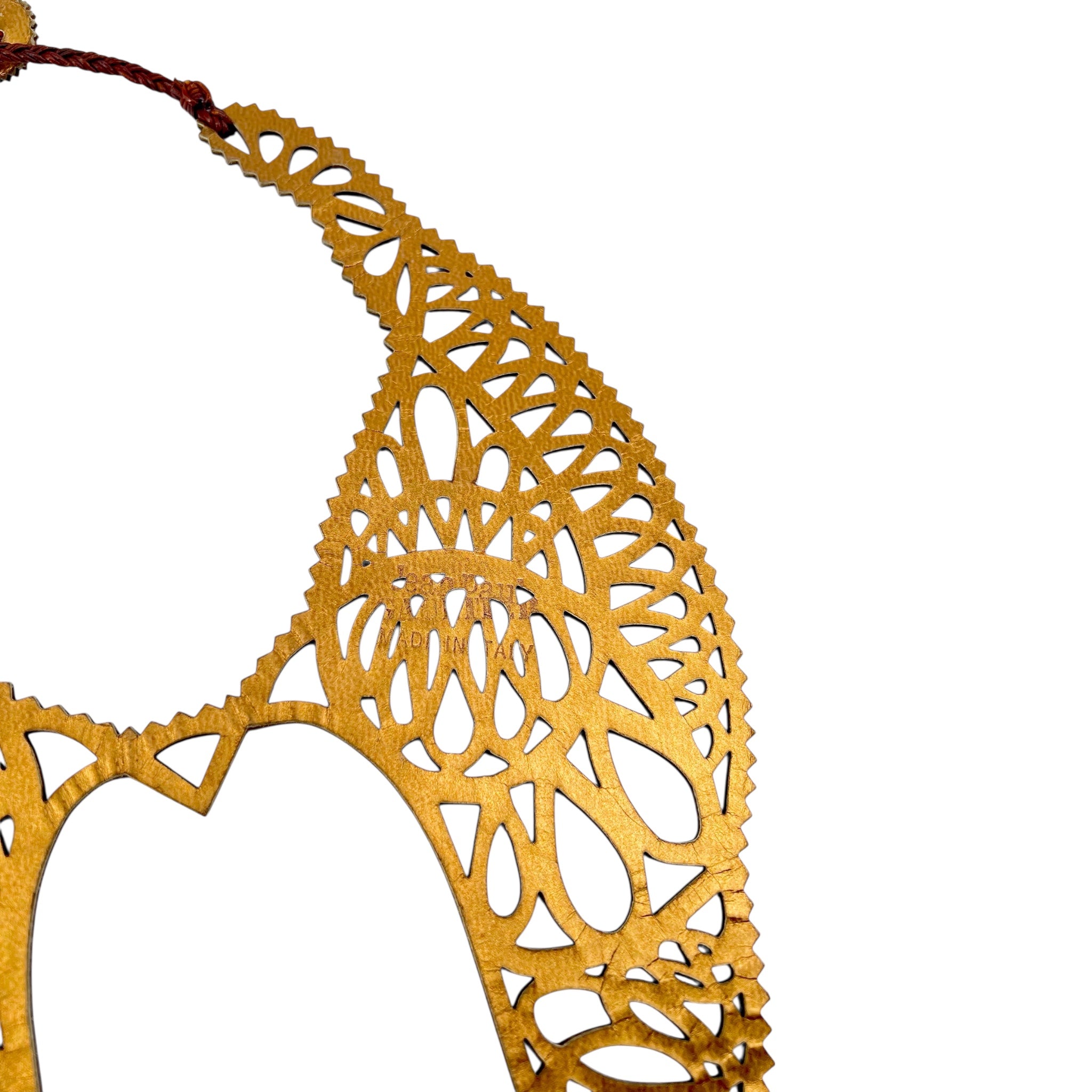 Jean Paul Gaultier Laser-Cut Leather Hamsa Hand Bib Necklace and Earrings, necklace stamp