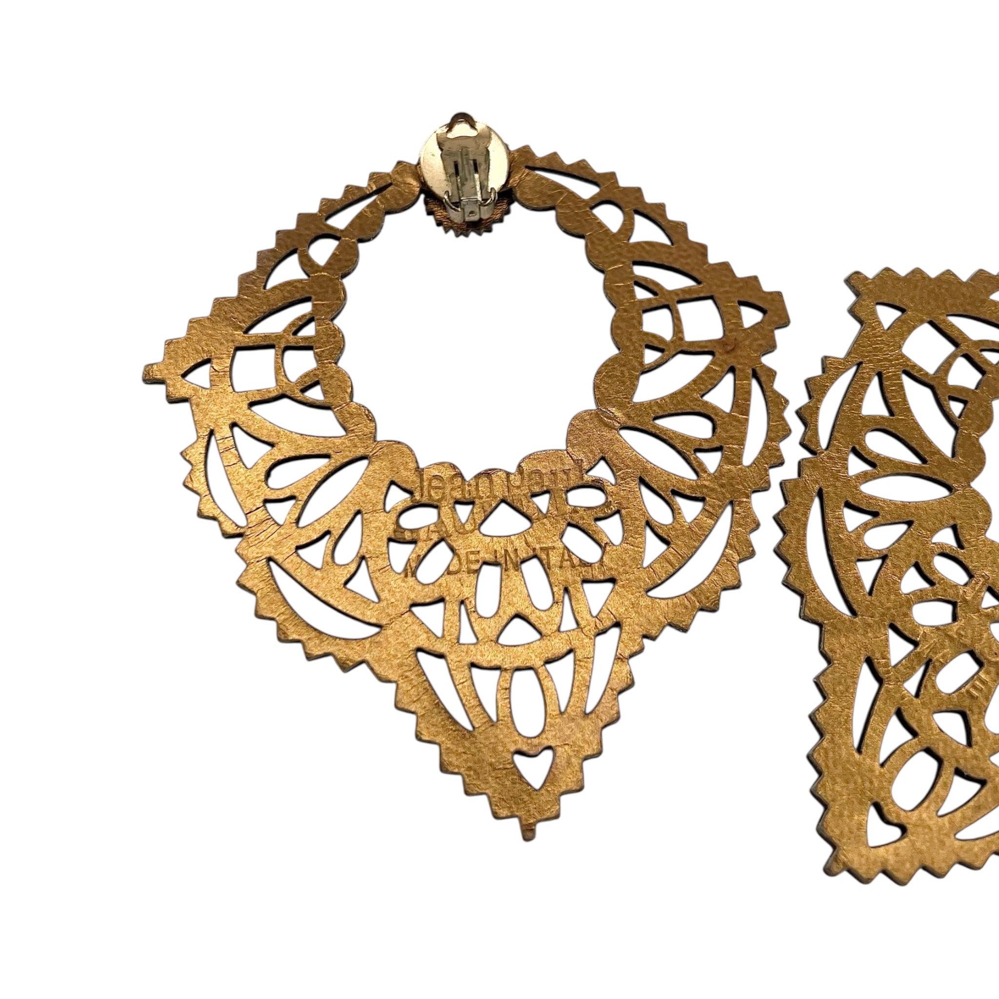 Jean Paul Gaultier Laser-Cut Leather Hamsa Hand Bib Necklace and Earrings, earrings stamp