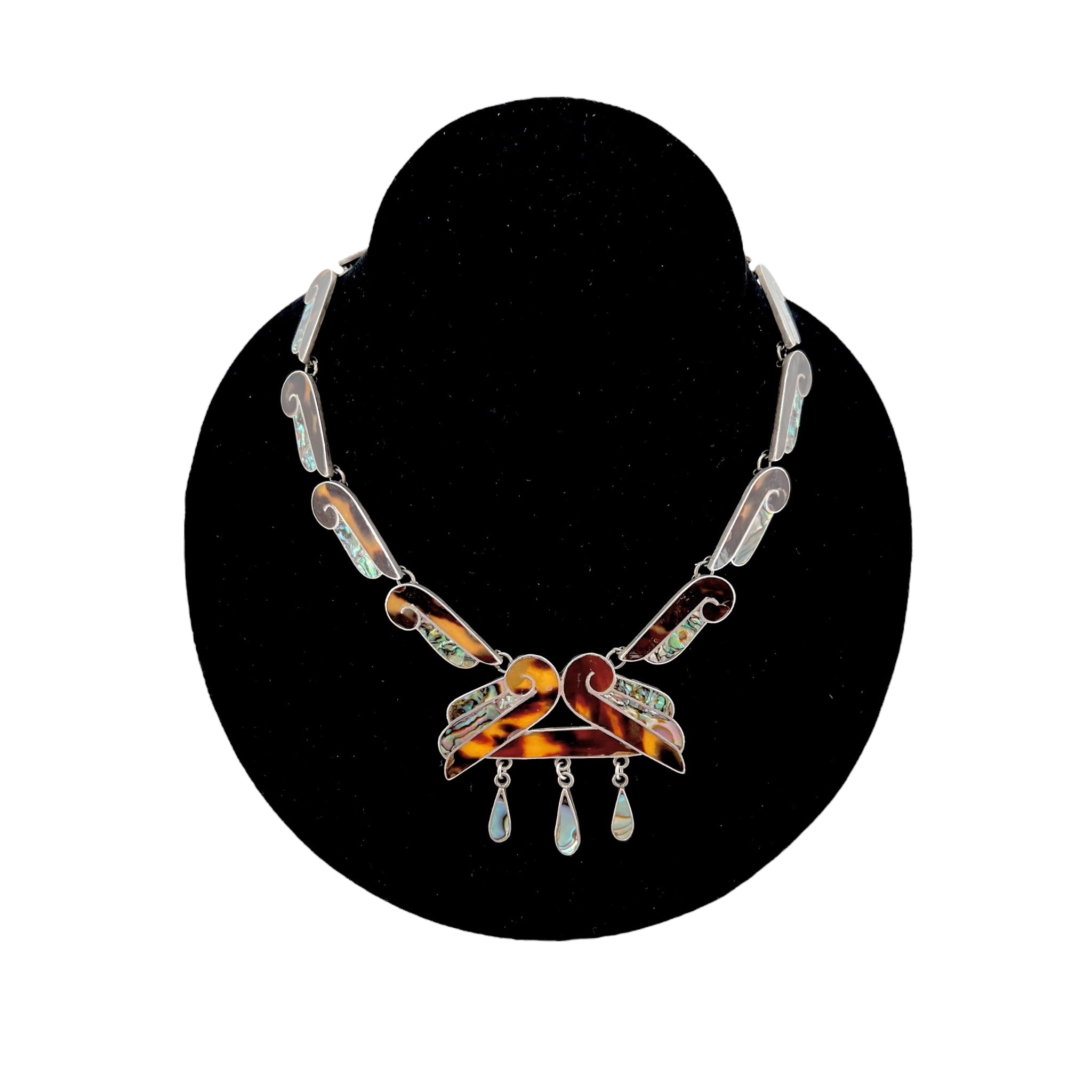 Mexican 1960s Taxco Silver, Abalone and Enamel Necklace, displayed
