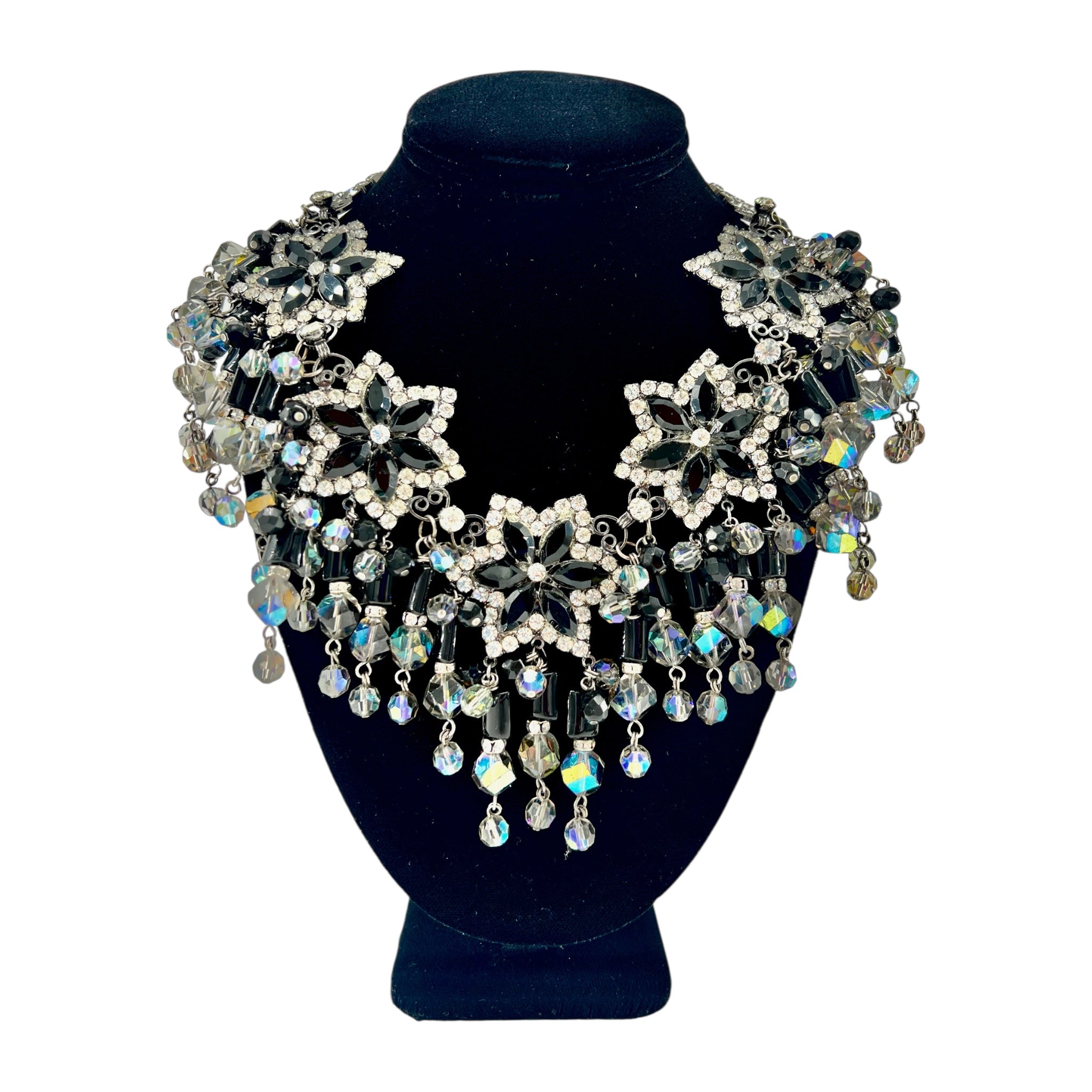 Lawrence VRBA 1990's Large Black Bead and Rhinestone Collar Necklace plus Earrings, 2