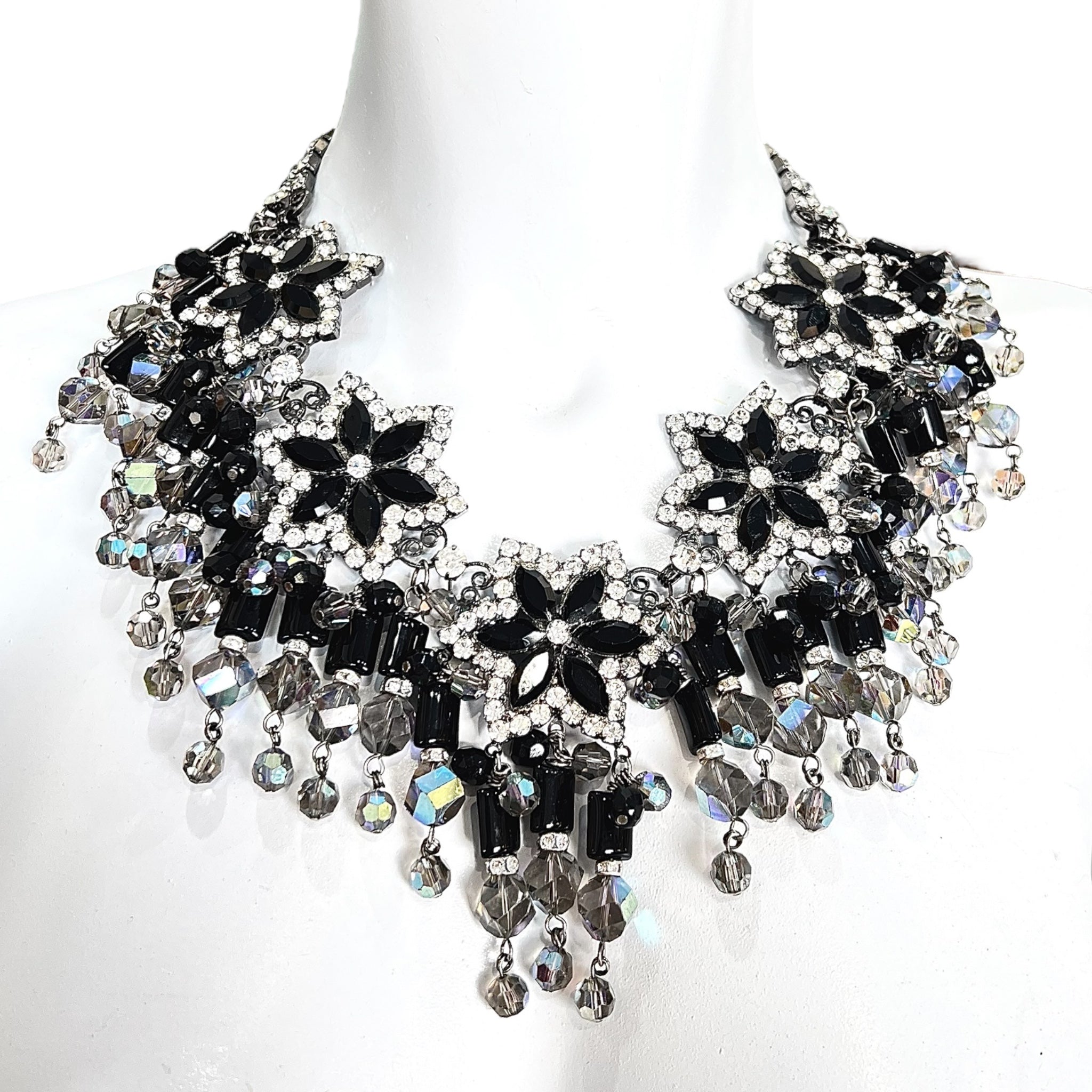Lawrence VRBA 1990's Large Black Bead and Rhinestone Collar Necklace plus Earrings, neck