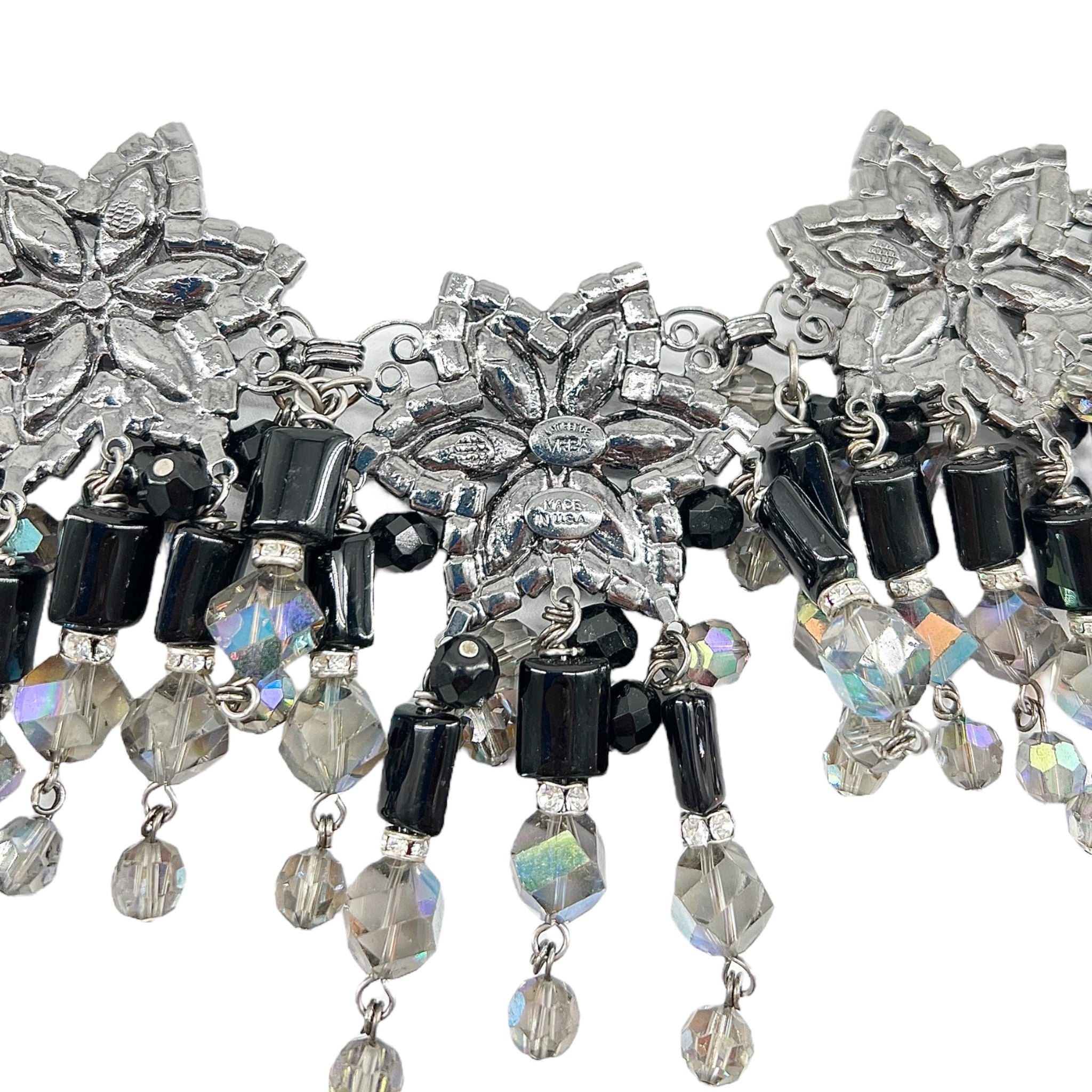 Lawrence VRBA 1990's Large Black Bead and Rhinestone Collar Necklace plus Earrings, stamp