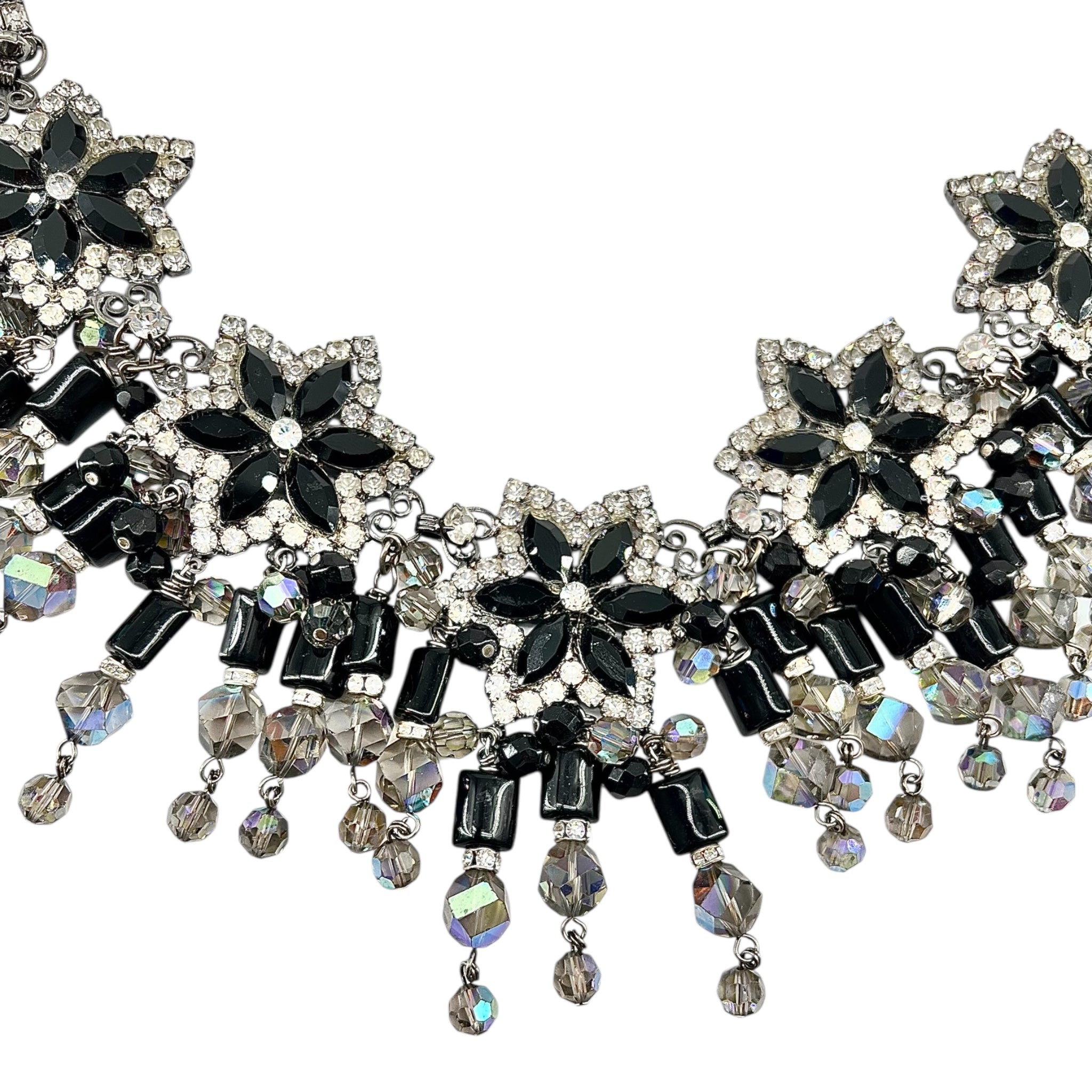 Lawrence VRBA 1990's Large Black Bead and Rhinestone Collar Necklace plus Earrings, detail