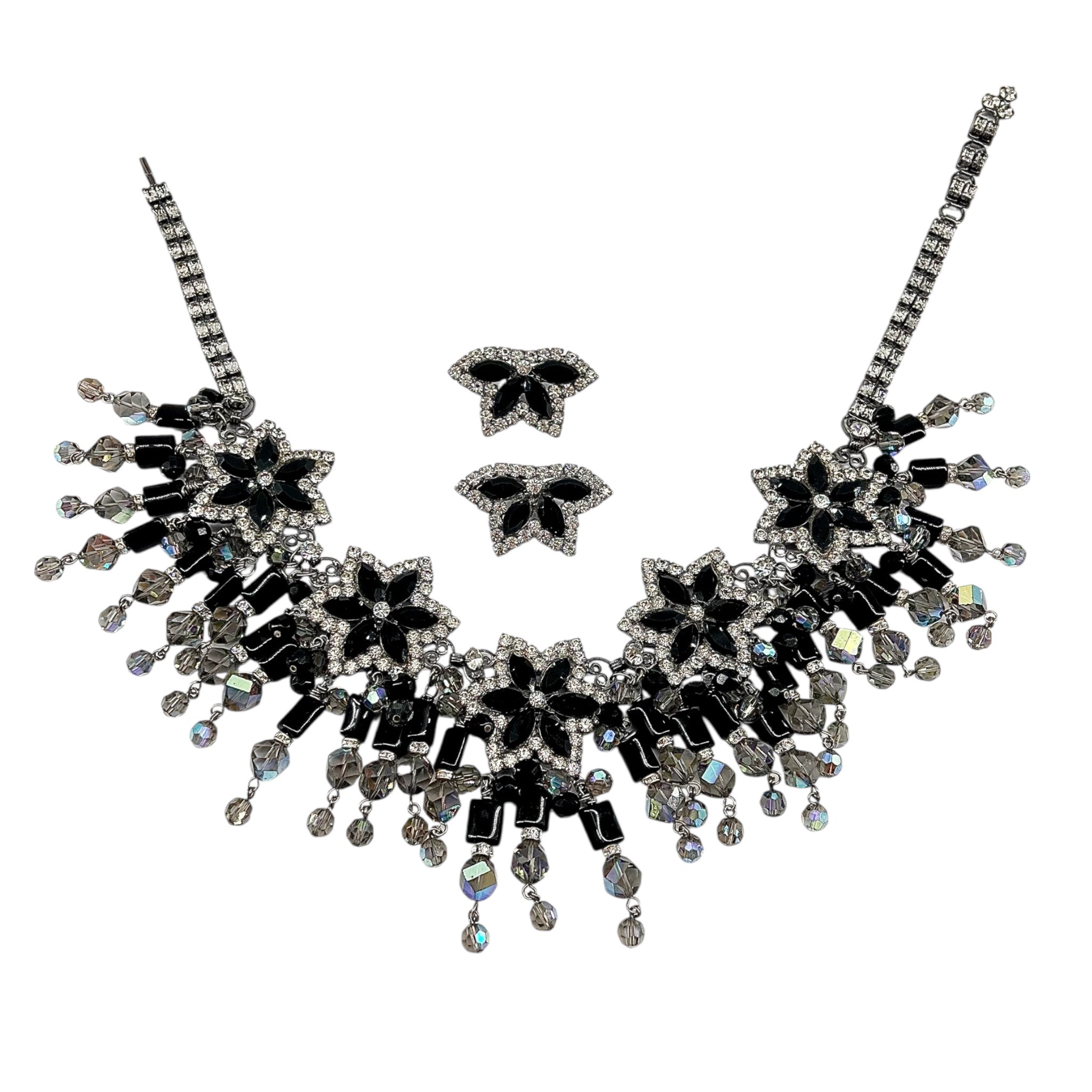 Lawrence VRBA 1990's Large Black Bead and Rhinestone Collar Necklace plus Earrings