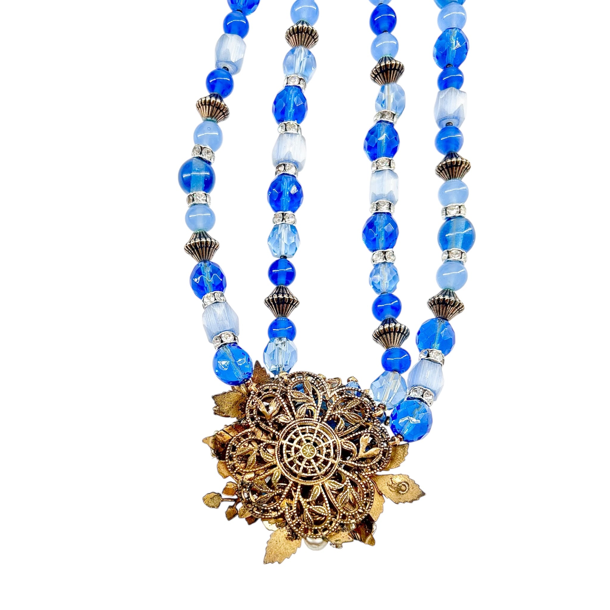 Miriam Haskell 1940's Pearl and Blue Beaded Flower Pendant Collar Necklace, reverse pendant