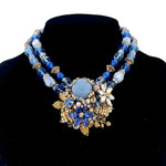 Miriam Haskell 1940's Pearl and Blue Beaded Flower Pendant Collar Necklace