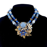 Miriam Haskell 1940's Pearl and Blue Beaded Flower Pendant Collar Necklace