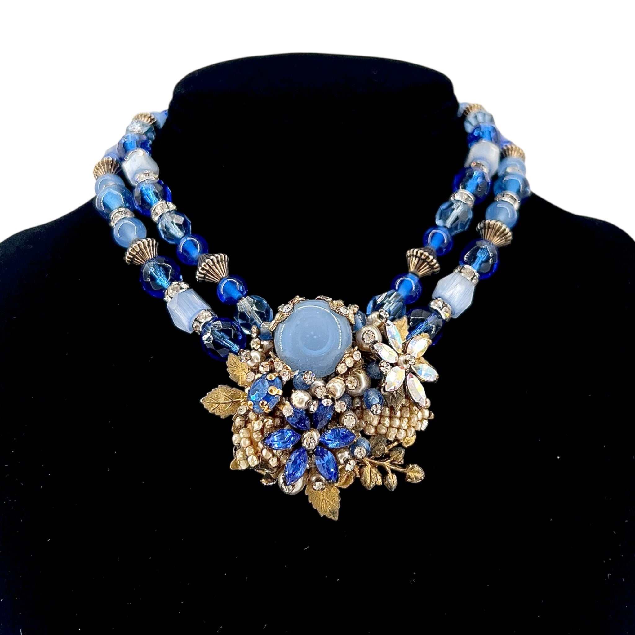 Miriam Haskell 1940's Pearl and Blue Beaded Flower Pendant Collar Necklace