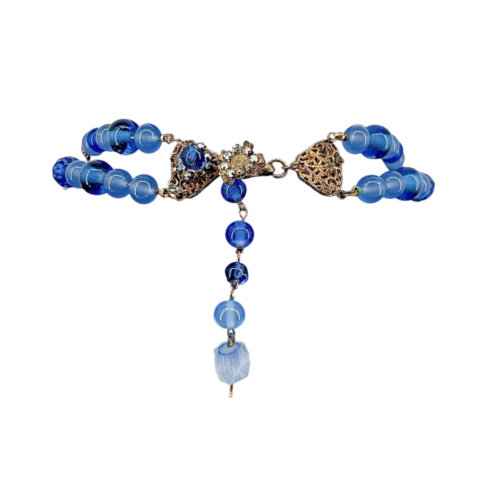 Miriam Haskell 1940's Pearl and Blue Beaded Flower Pendant Collar Necklace, hooked