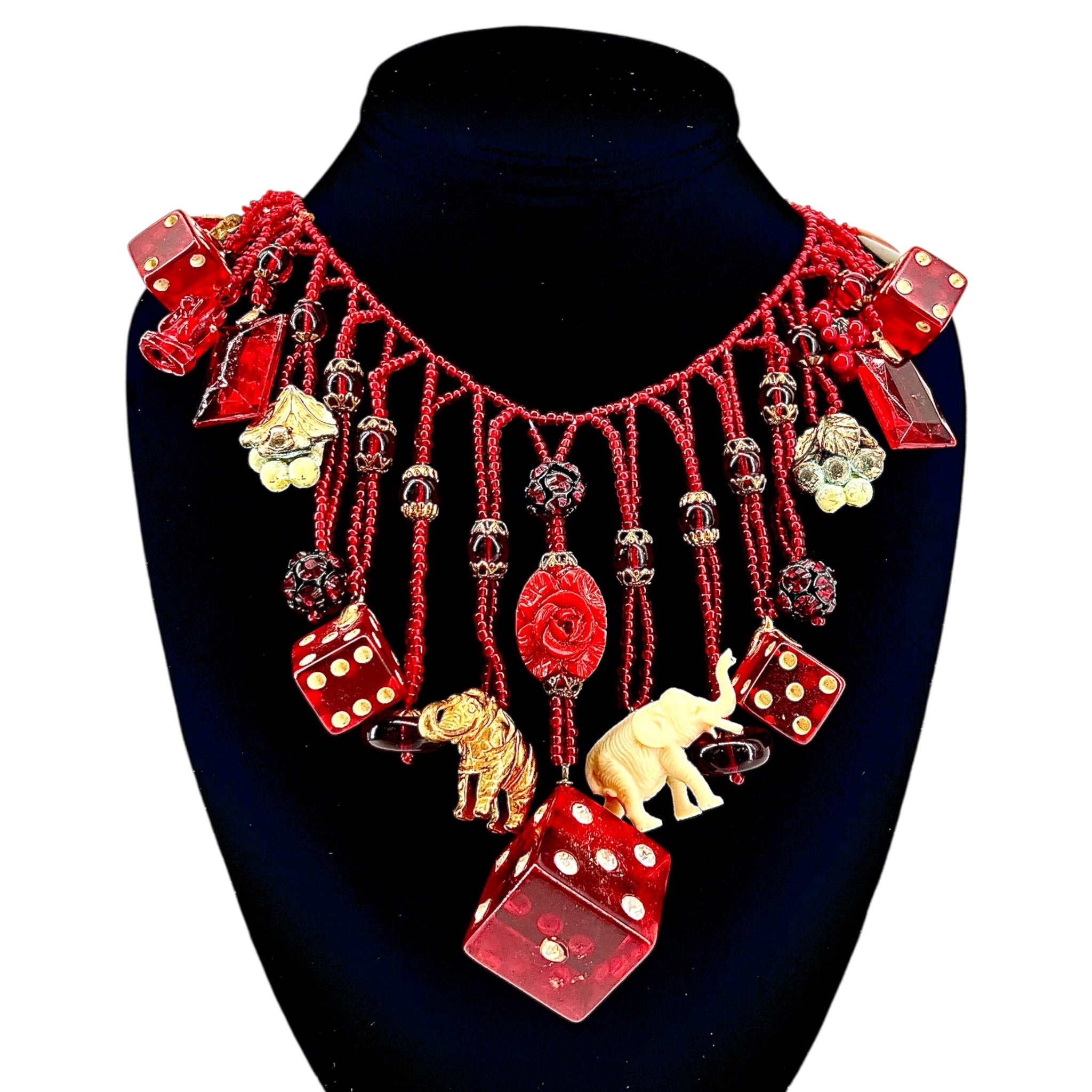 1930's Red Beaded Czech Glass Art To Wear Charm Necklace