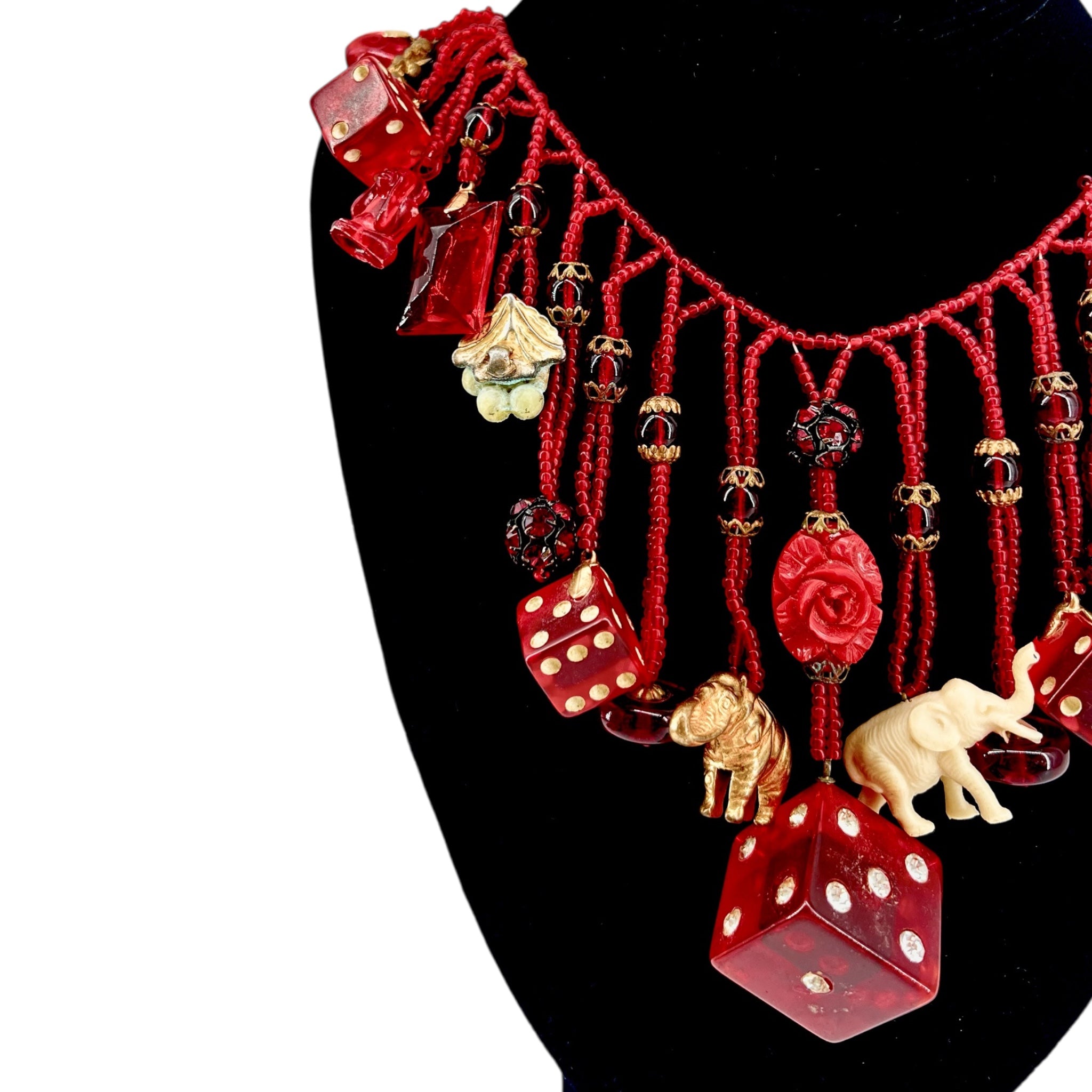 1930's Red Beaded Czech Glass Art To Wear Charm Necklace detail 2