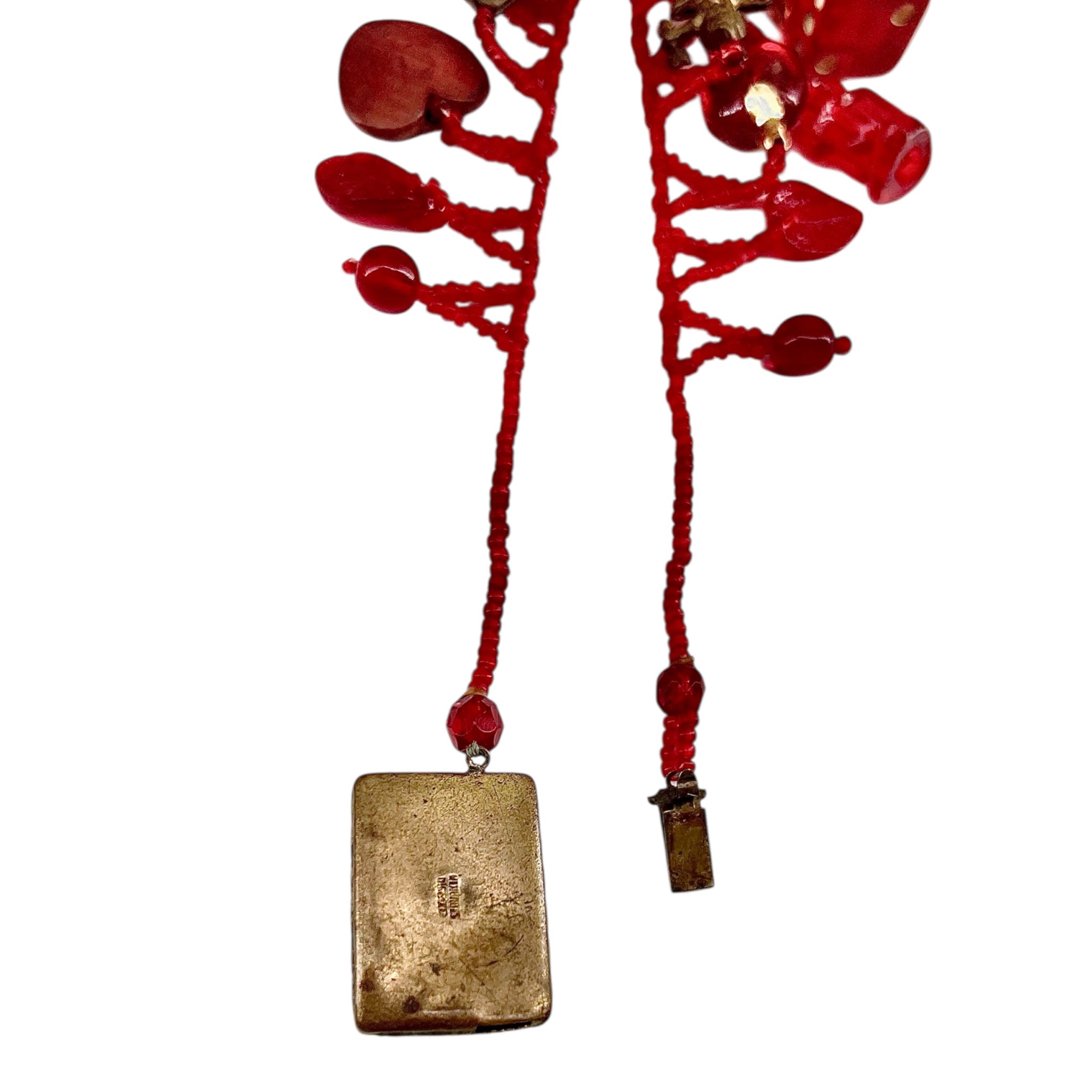 1930's Red Beaded Czech Glass Art To Wear Charm Necklace, back closure