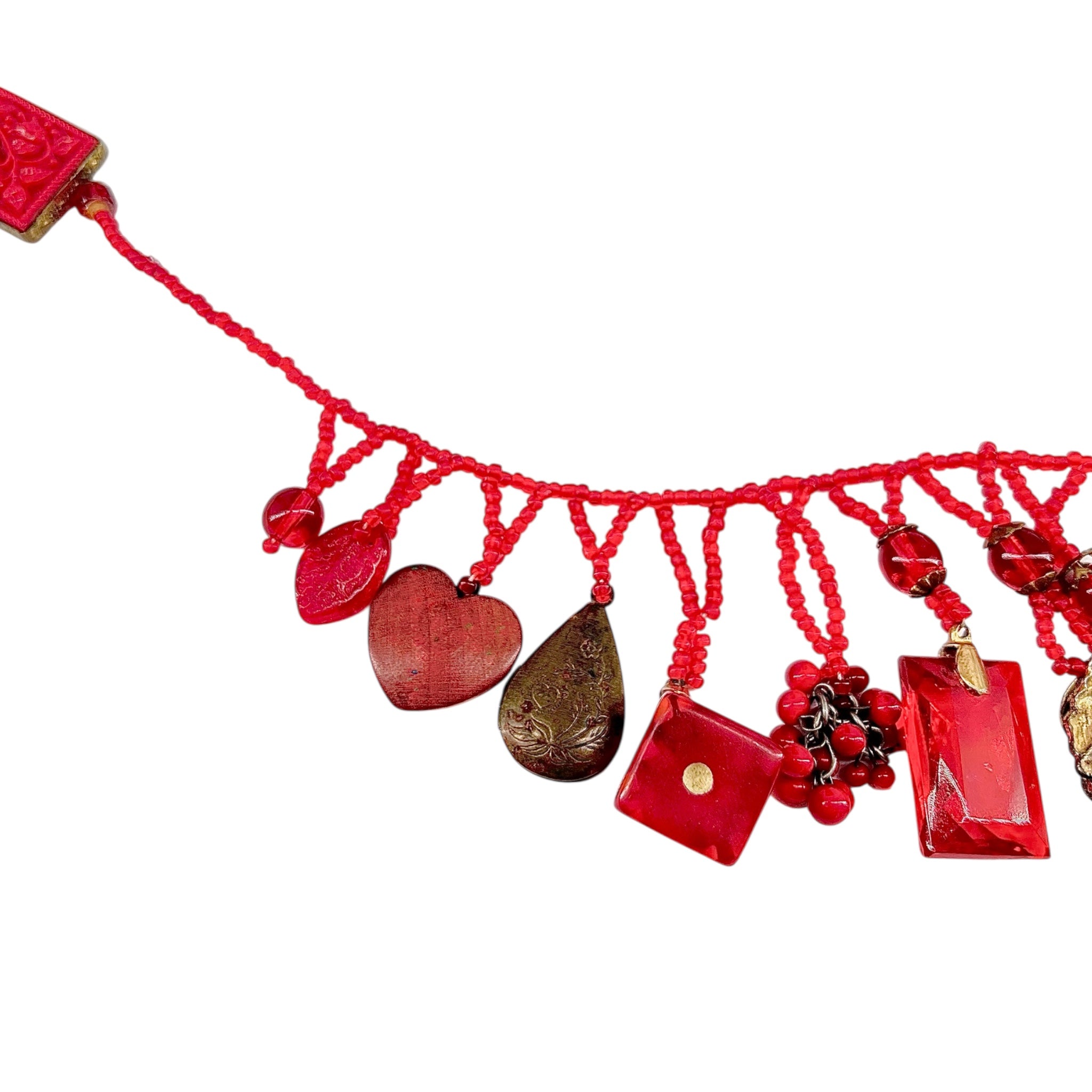 1930's Red Beaded Czech Glass Art To Wear Charm Necklace, detail
