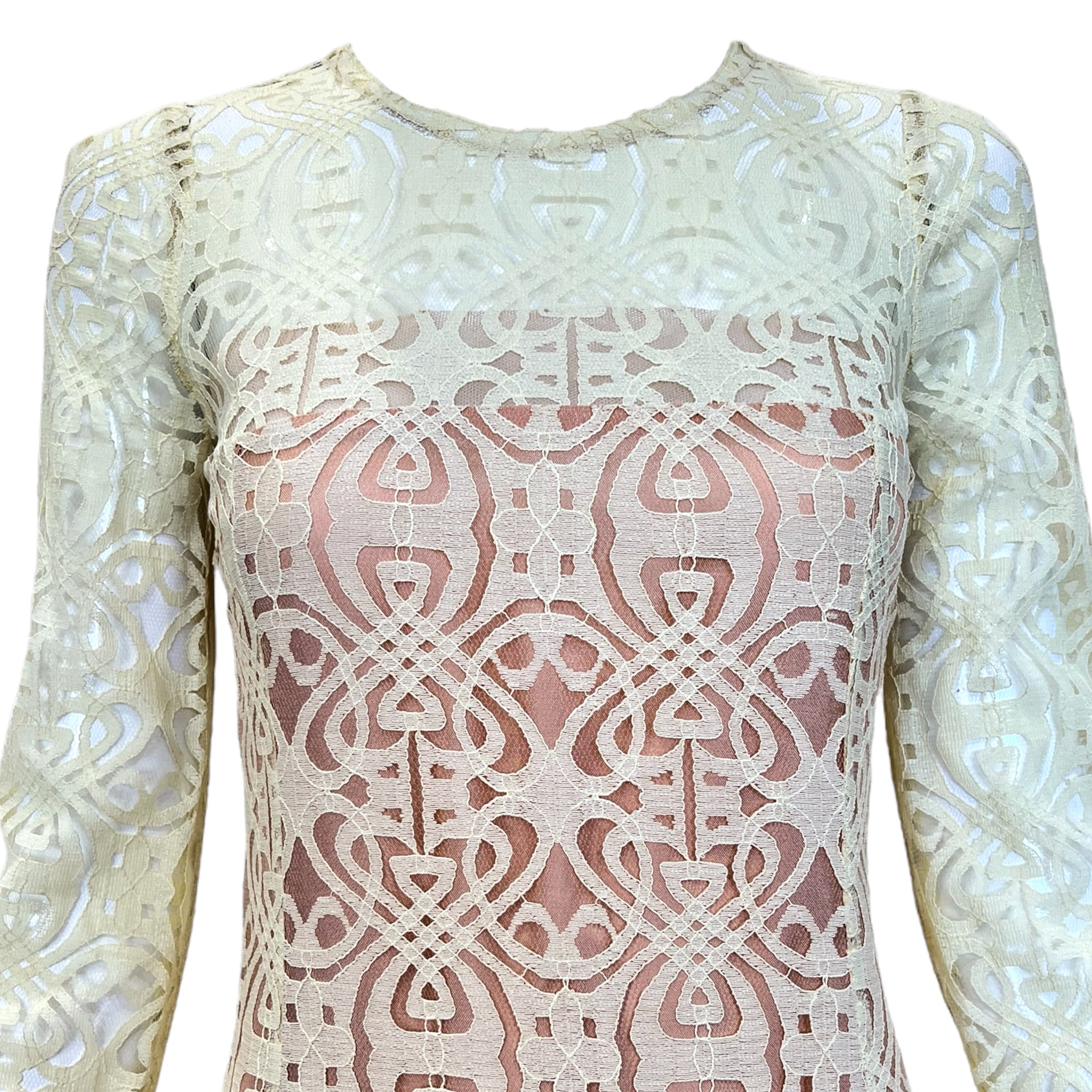 BIBA 1970's Cream Art Nouveau Logo Lace Dress, top