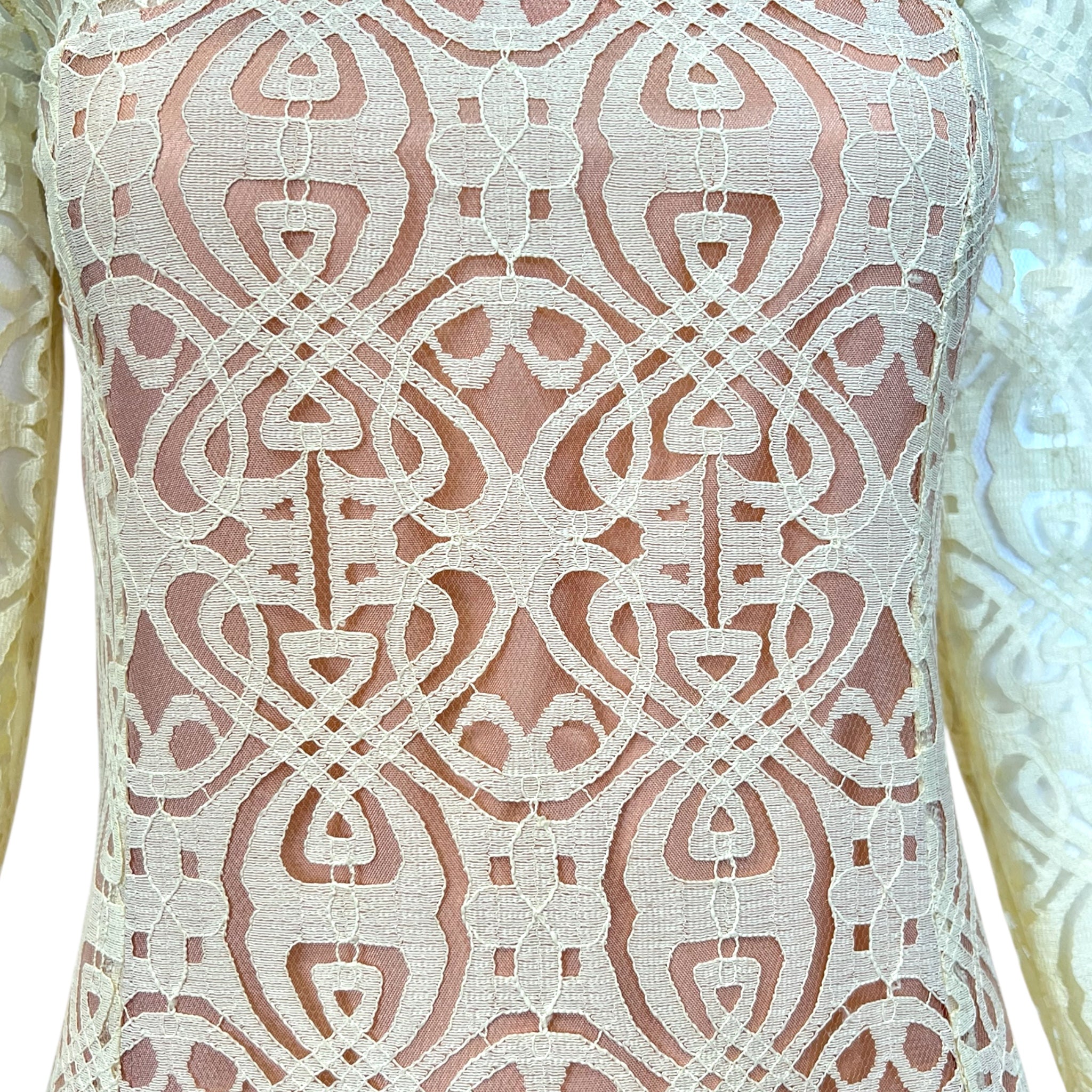 BIBA 1970's Cream Art Nouveau Logo Lace Dress, detail