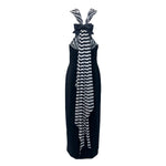 Bill Blass 1990's Black Column Evening Gown with Striped Silk Train and Bow Down Back