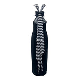 Bill Blass 1990's Black Column Evening Gown with Striped Silk Train and Bow Down Back