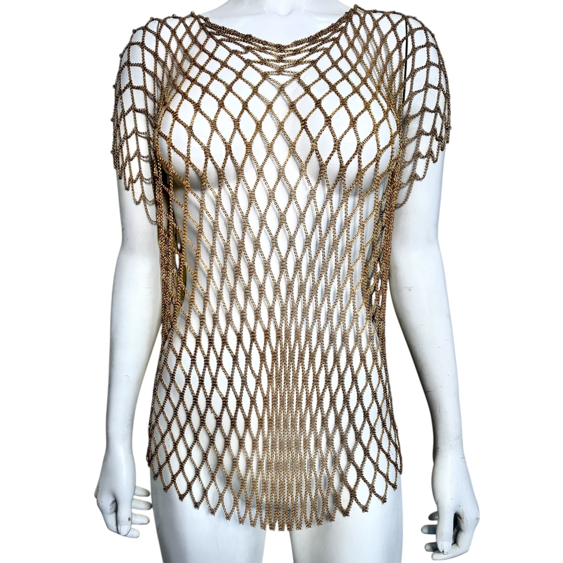 Ferrara 1980's 24kt Gold Plated Ring Mesh Open Weave Tunic, Rare