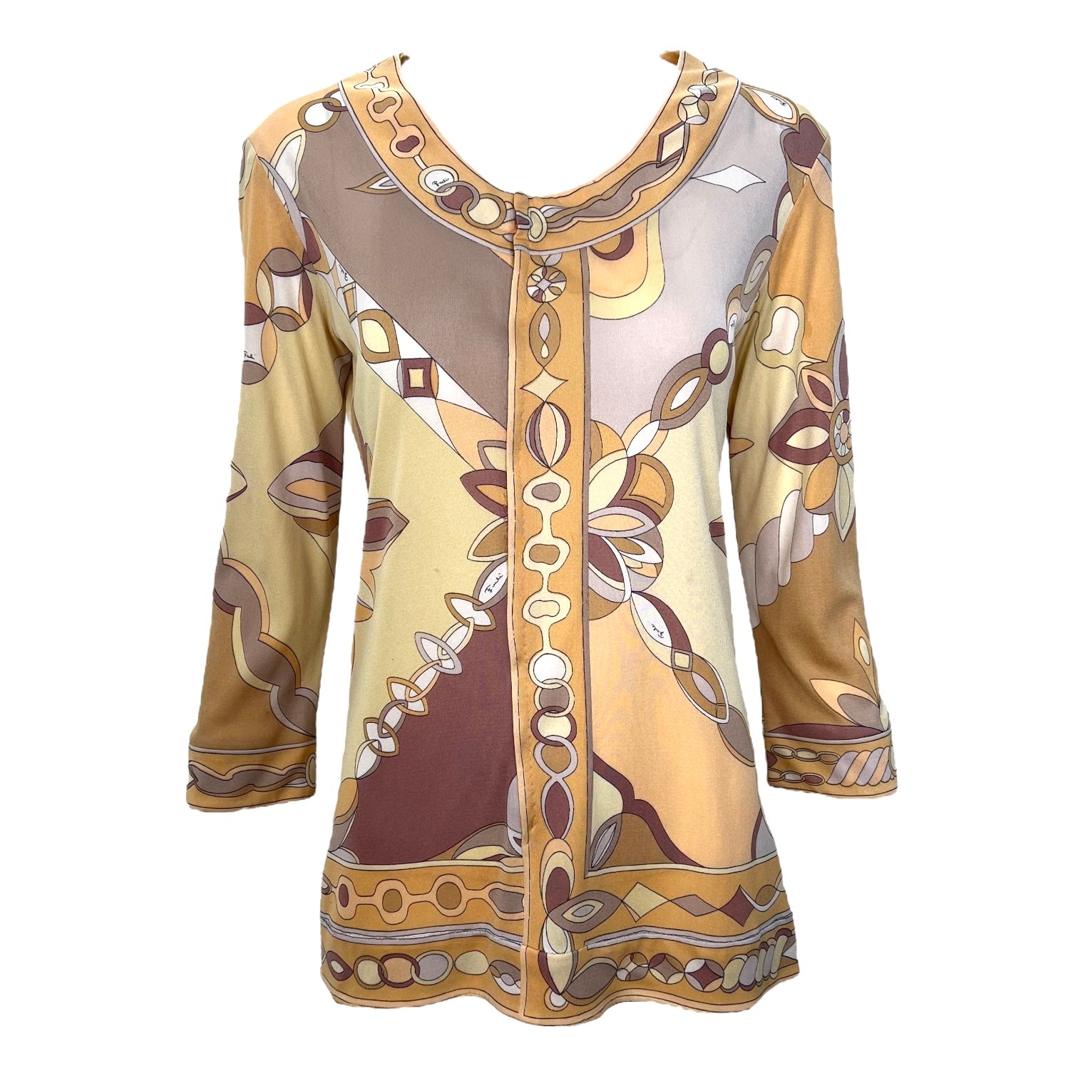 Pucci 1970's Yellow and Tan Printed Silk Jersey Blouse