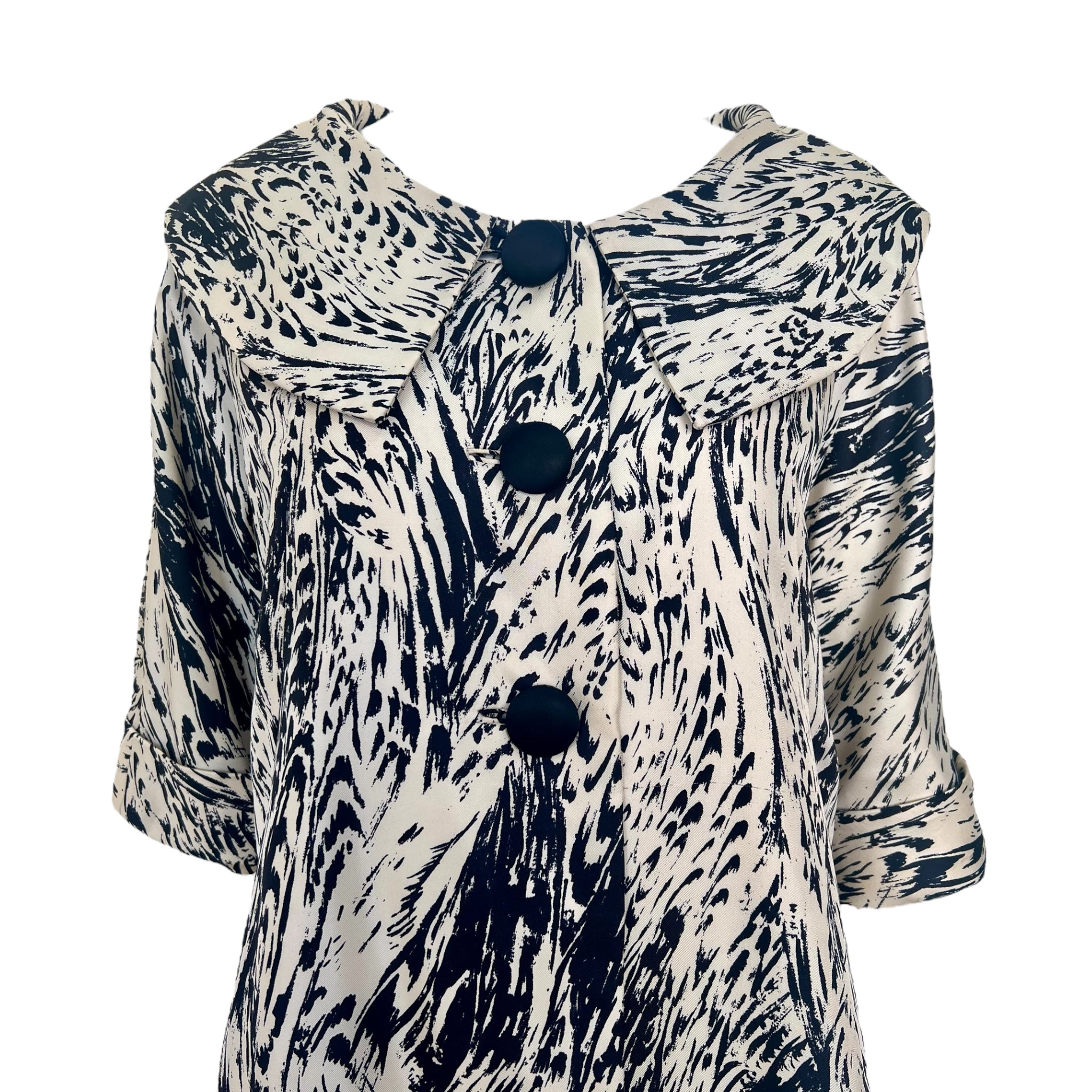 Sophie of Saks 1950's Black and White Graphic Silk Swing Coat, top
