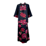 1960's Black and Red Satin Rose Dress & Kimono Jacket Ensemble