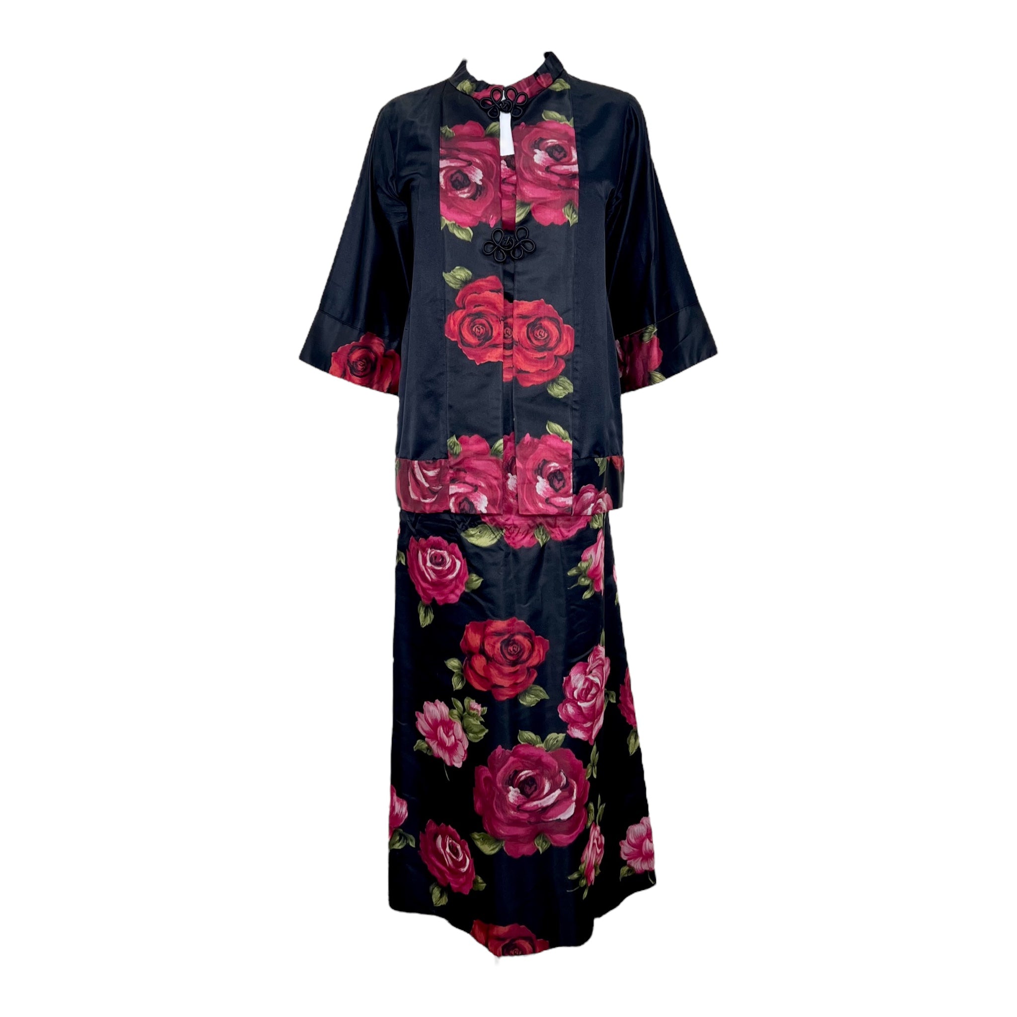 1960's Black and Red Satin Rose Dress & Kimono Jacket Ensemble
