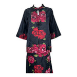 1960's Black and Red Satin Rose Dress & Kimono Jacket Ensemble, upper