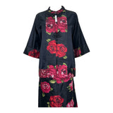 1960's Black and Red Satin Rose Dress & Kimono Jacket Ensemble, upper
