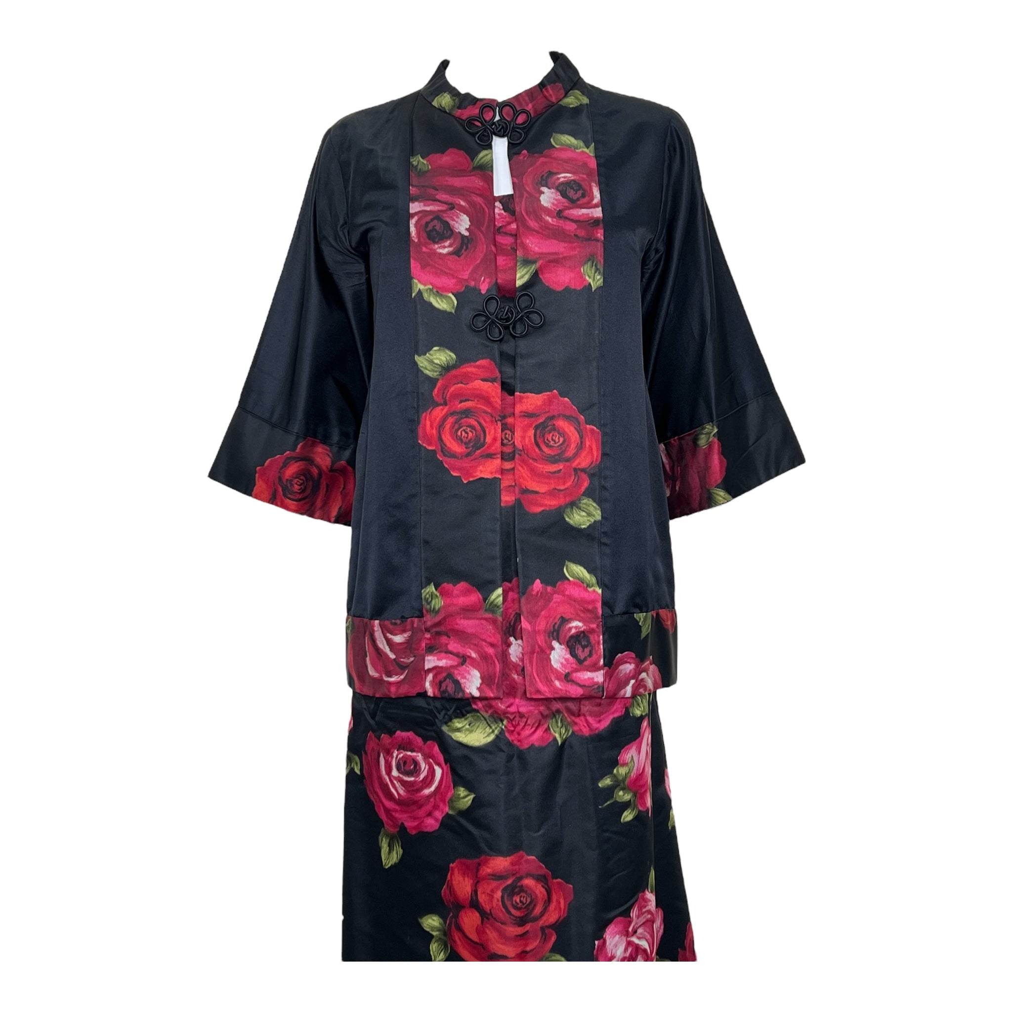 1960's Black and Red Satin Rose Dress & Kimono Jacket Ensemble, upper