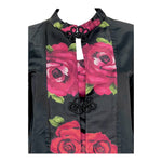 1960's Black and Red Satin Rose Dress & Kimono Jacket Ensemble, top detail