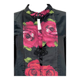 1960's Black and Red Satin Rose Dress & Kimono Jacket Ensemble, top detail