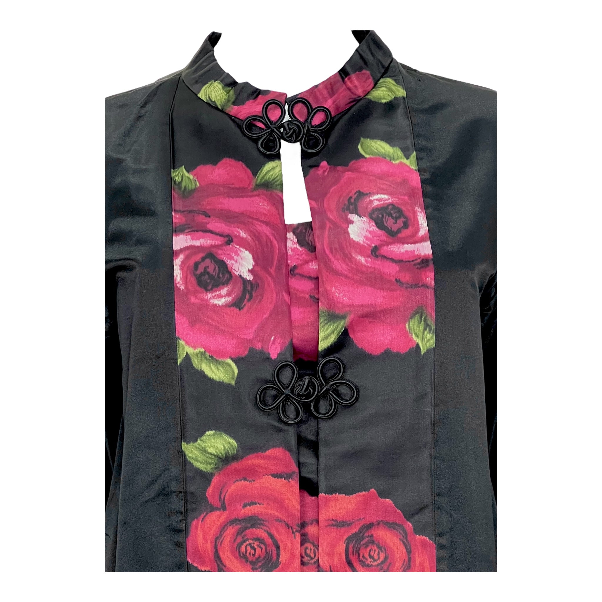 1960's Black and Red Satin Rose Dress & Kimono Jacket Ensemble, top detail