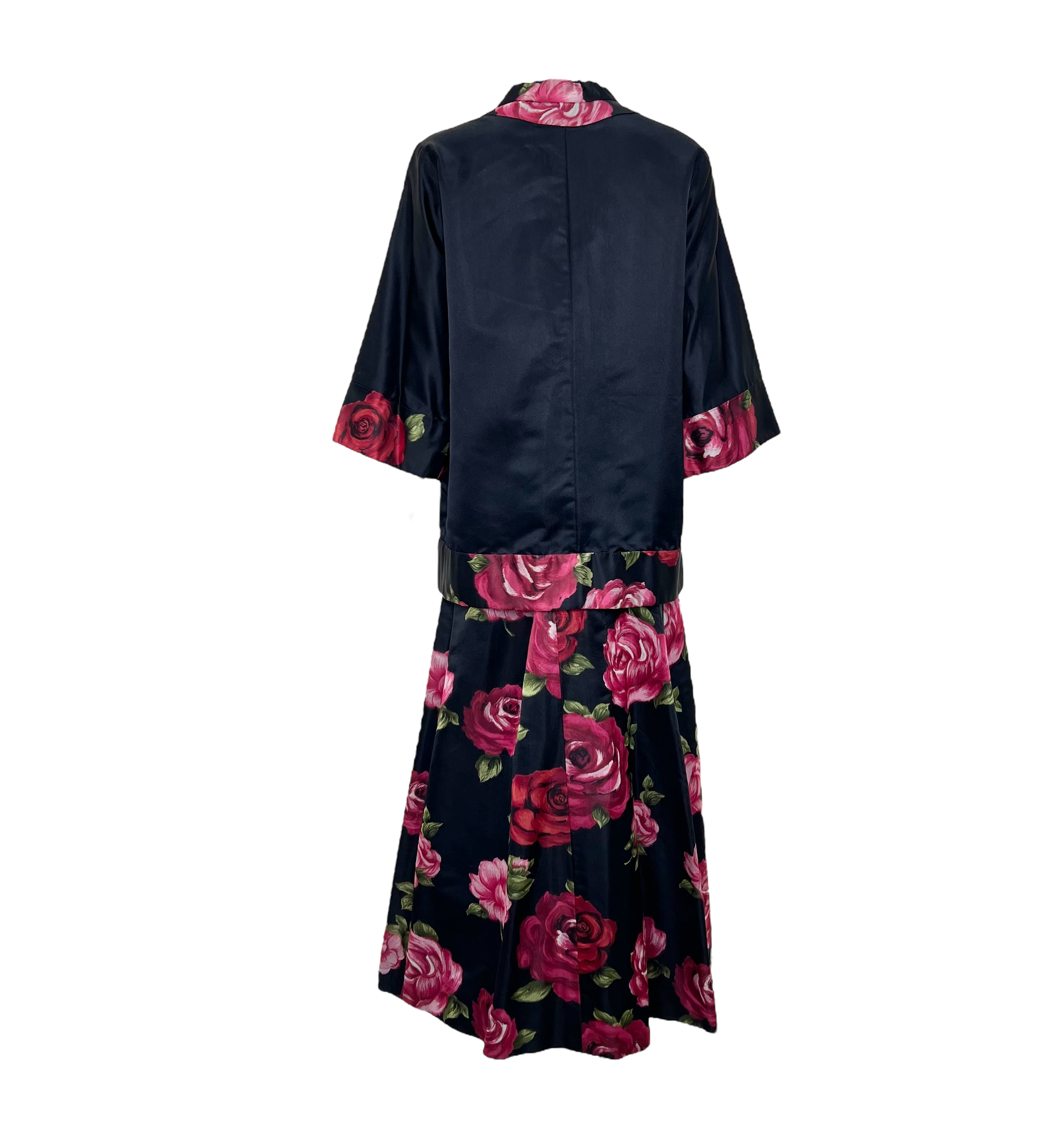 1960's Black and Red Satin Rose Dress & Kimono Jacket Ensemble, back